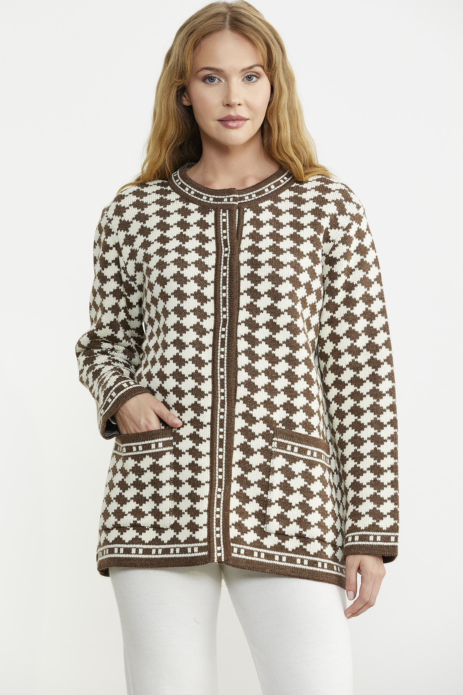 Yünlü Dama Desenli Cepli Triko Ceket - Sütlü Kahve - Sementa