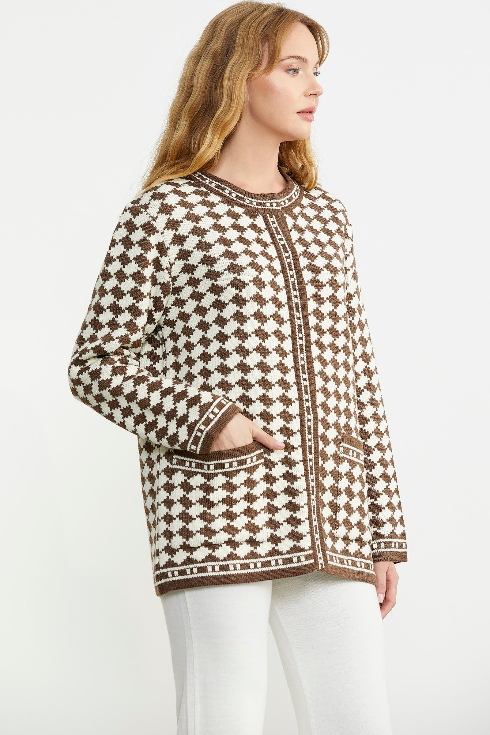 Yünlü Dama Desenli Cepli Triko Ceket - Sütlü Kahve - Sementa
