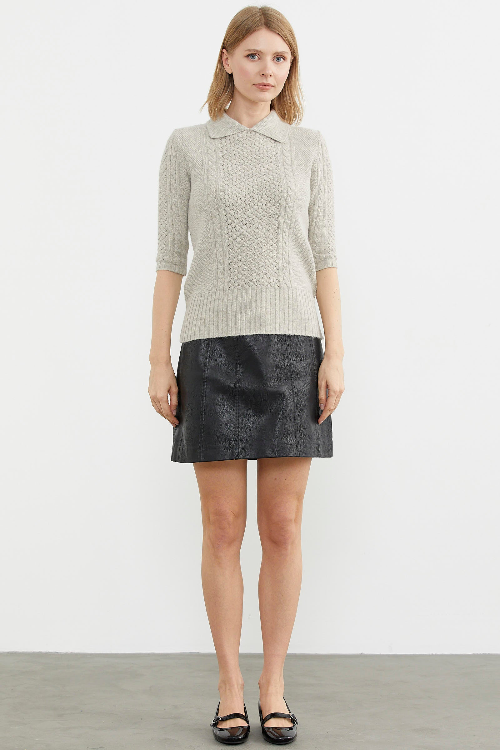 Yünlü Kısa Kol Yakalı Triko Kazak - Bej (1) Sementa