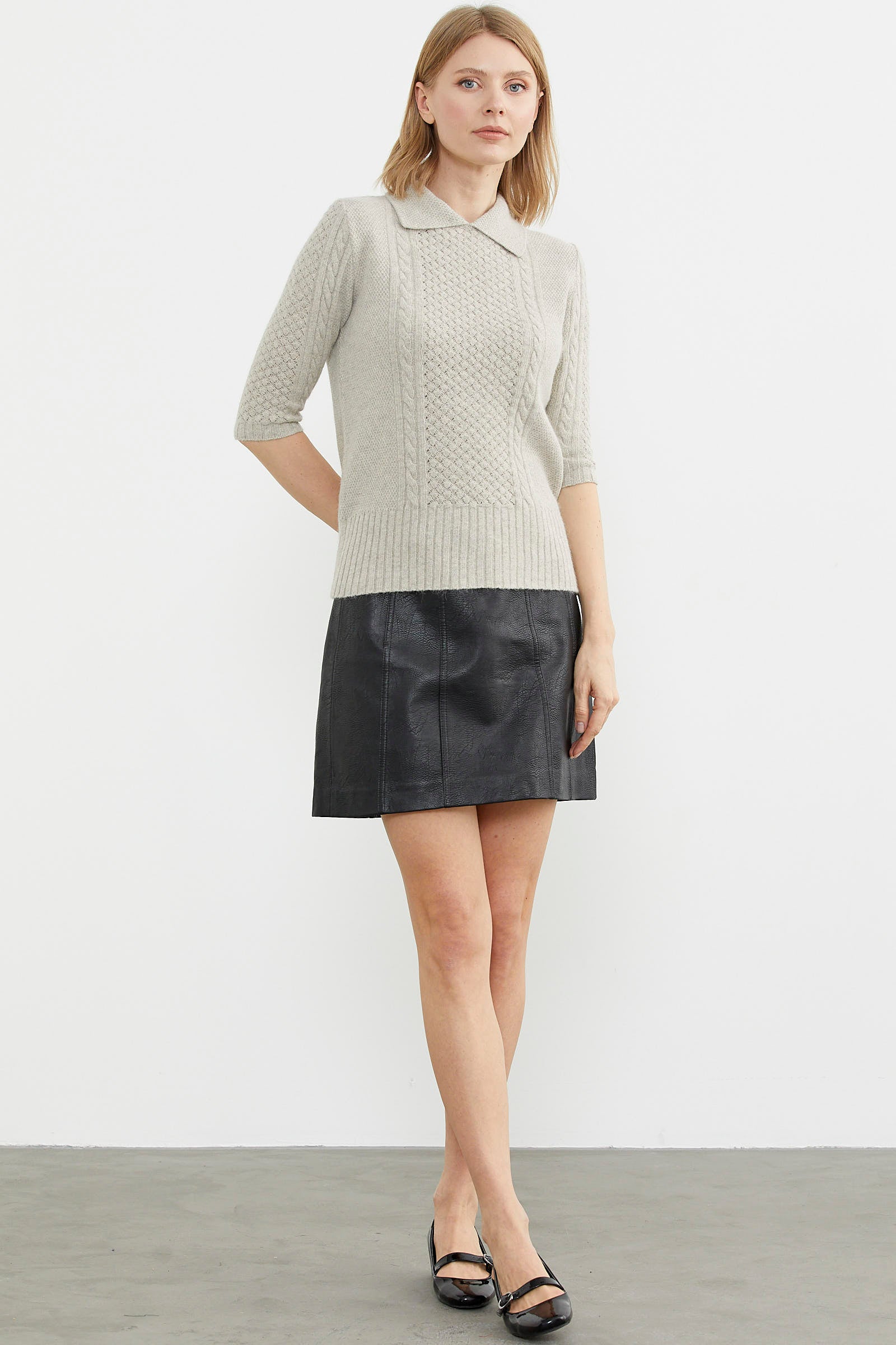 Yünlü Kısa Kol Yakalı Triko Kazak - Bej (2) Sementa