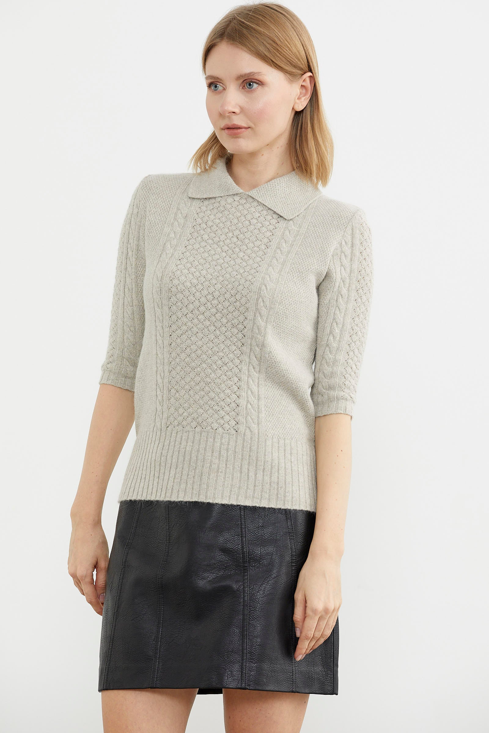 Yünlü Kısa Kol Yakalı Triko Kazak - Bej (3) Sementa