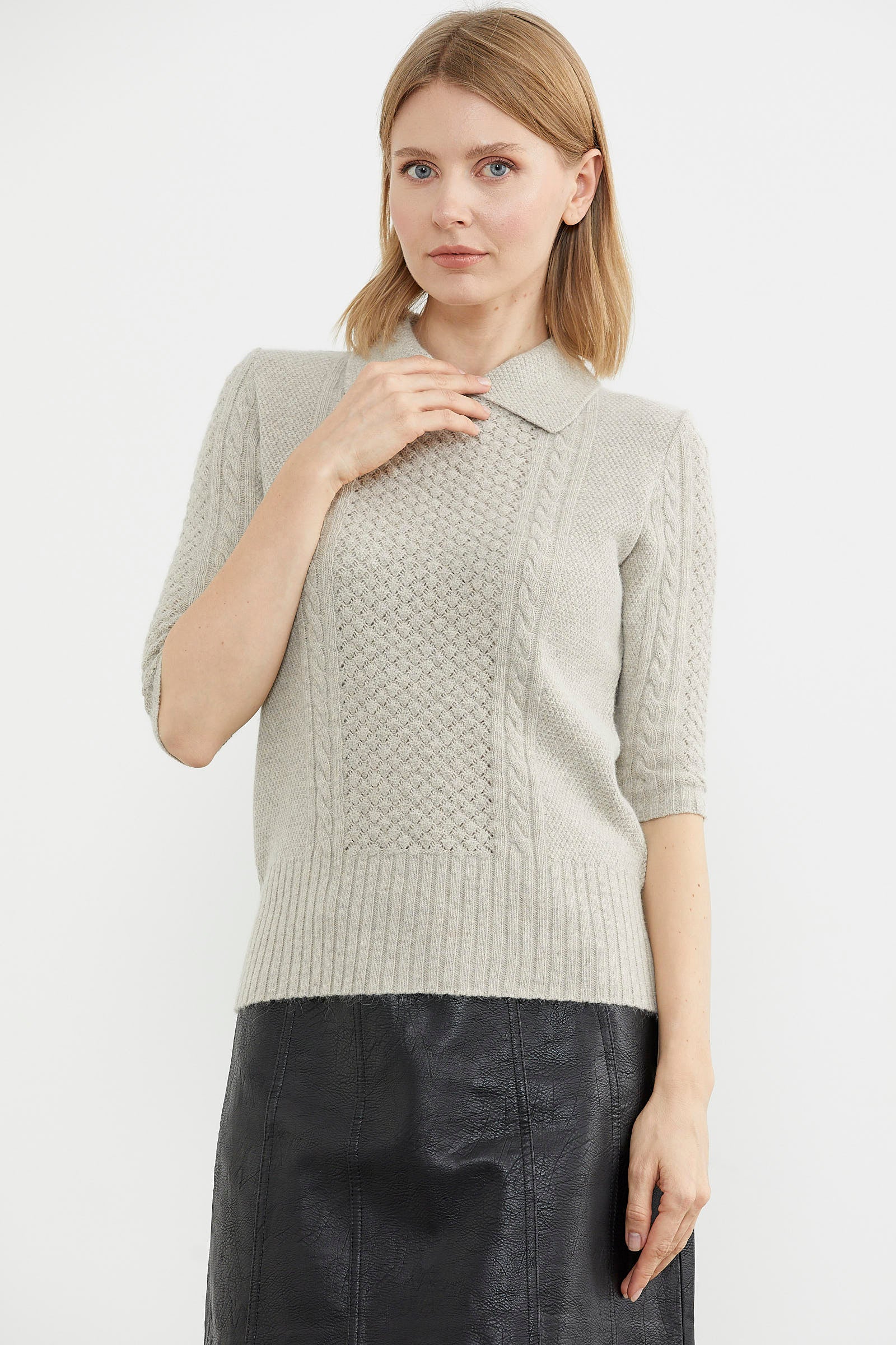 Yünlü Kısa Kol Yakalı Triko Kazak - Bej (4) Sementa