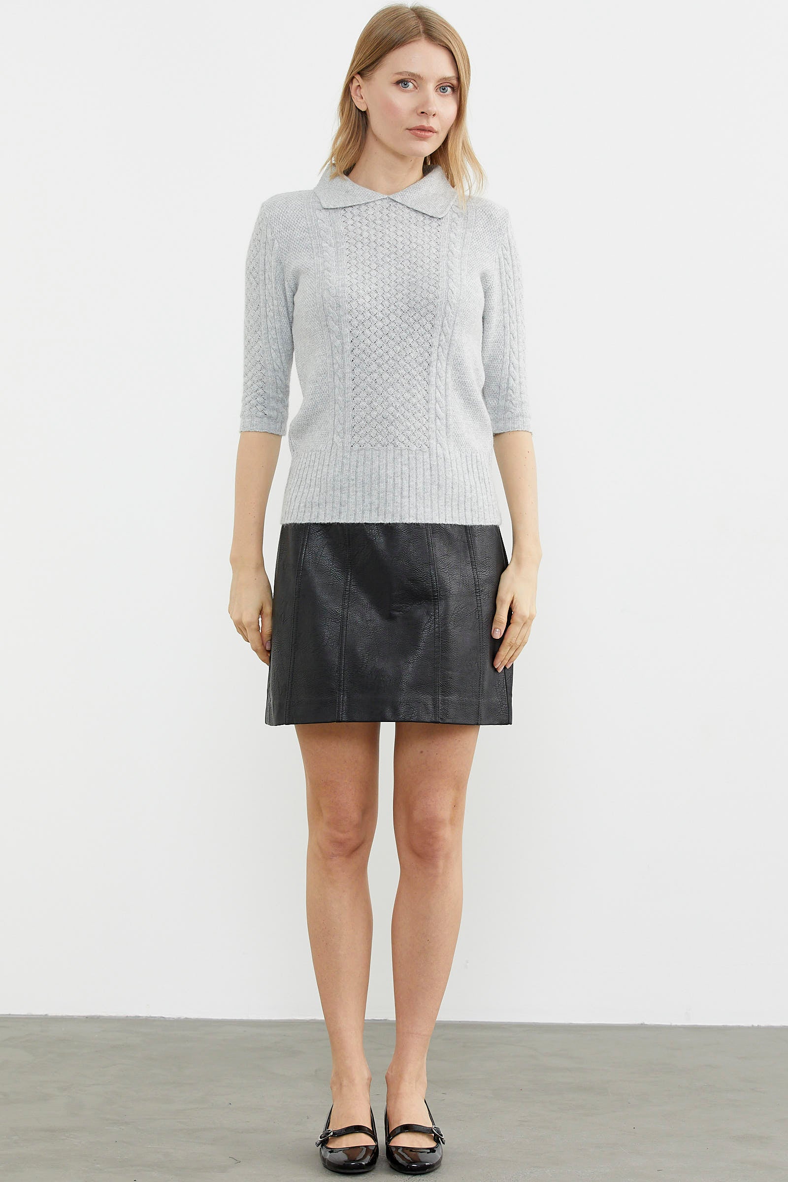 Yünlü Kısa Kol Yakalı Triko Kazak - Gri (1) Sementa