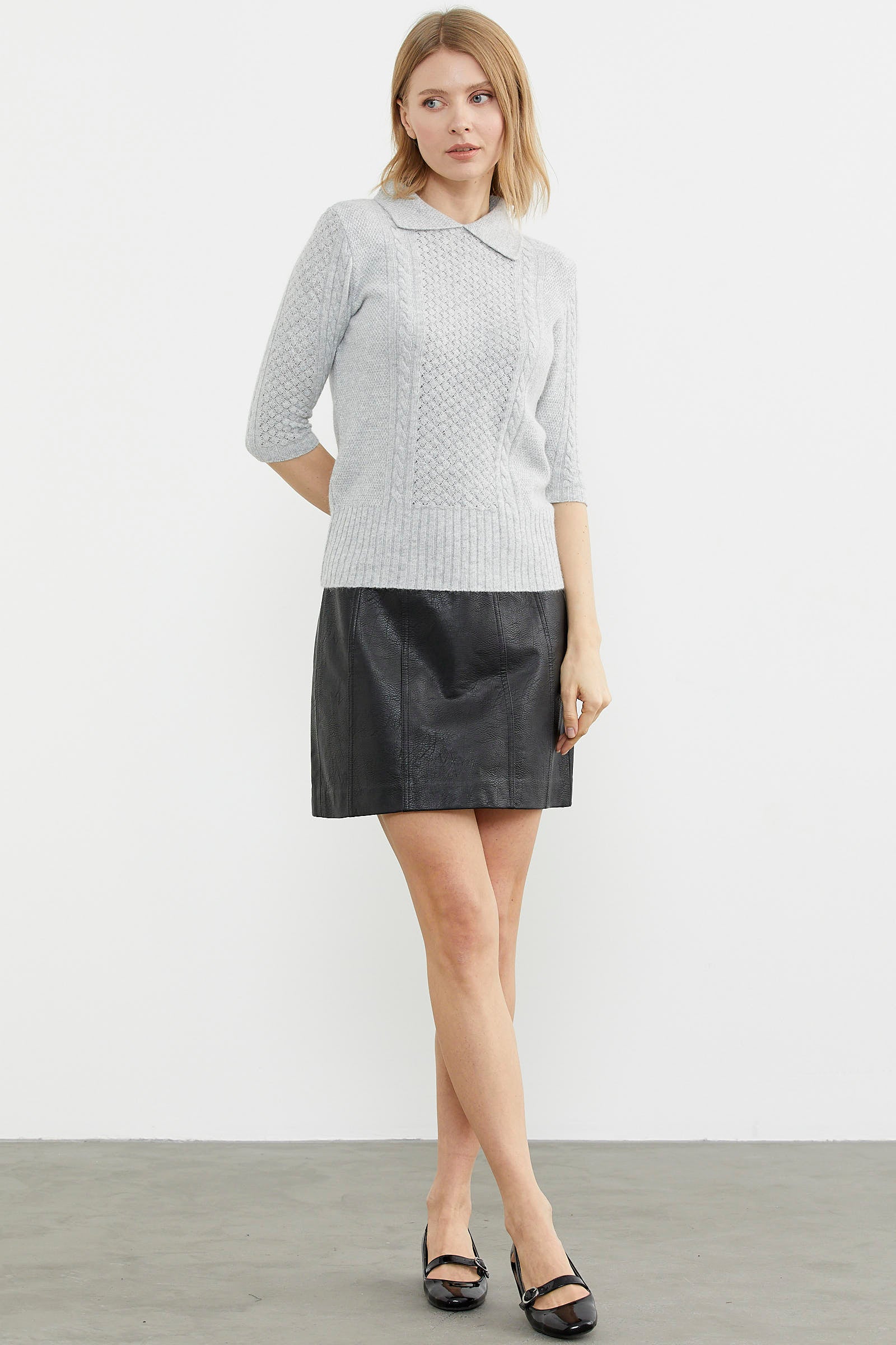 Yünlü Kısa Kol Yakalı Triko Kazak - Gri (2) Sementa