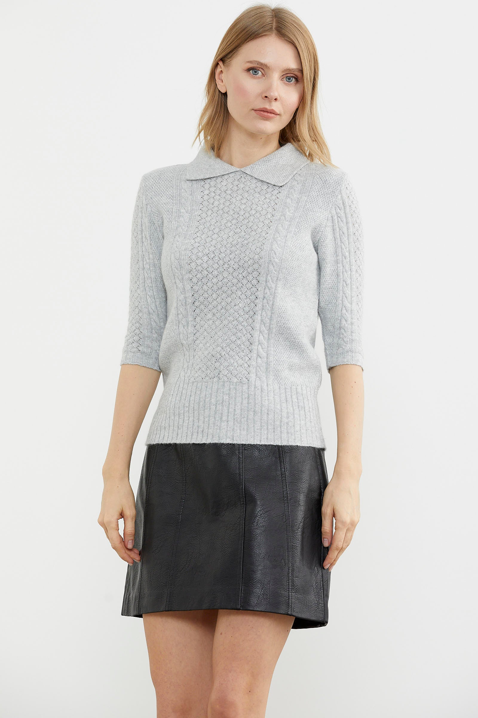 Yünlü Kısa Kol Yakalı Triko Kazak - Gri (3) Sementa