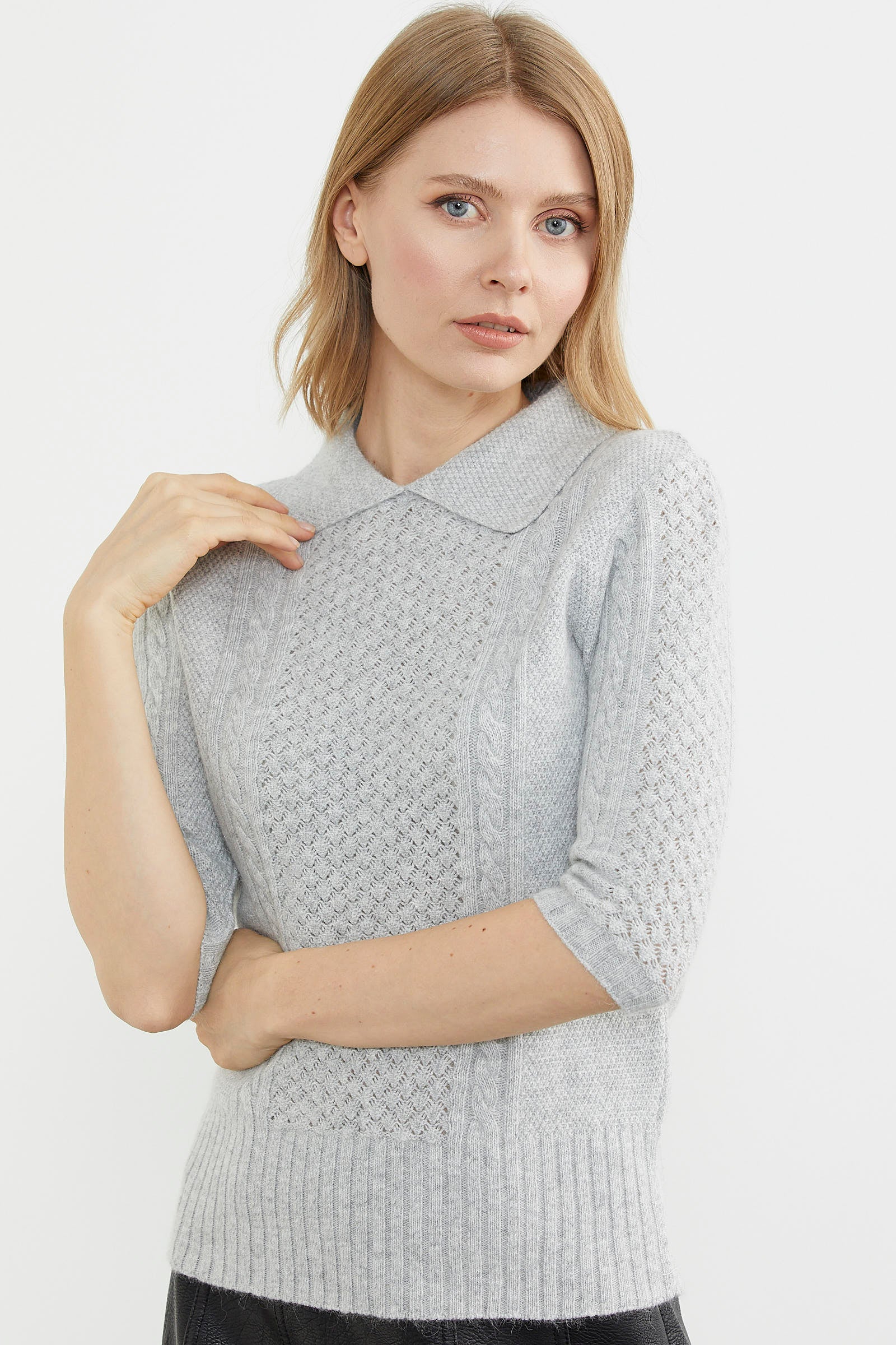 Yünlü Kısa Kol Yakalı Triko Kazak - Gri (4) Sementa
