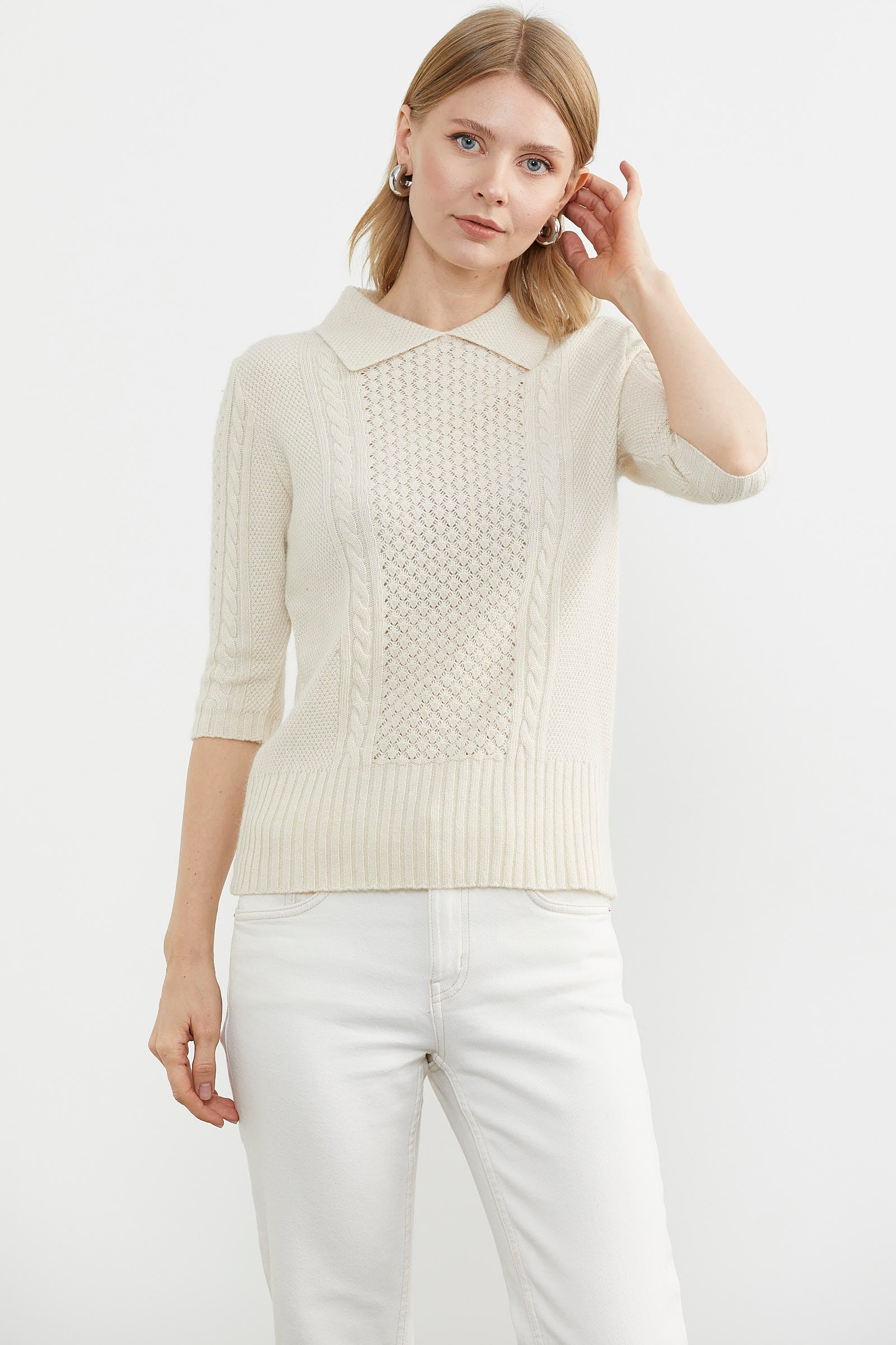 Yünlü Kısa Kol Yakalı Triko Kazak - Kemik (1) Sementa