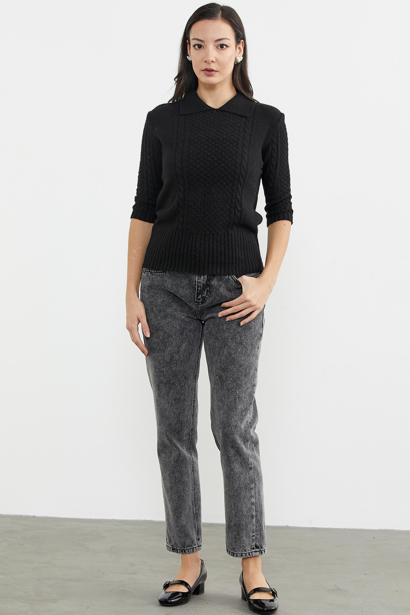 Yünlü Kısa Kol Yakalı Triko Kazak - Siyah (3) Sementa