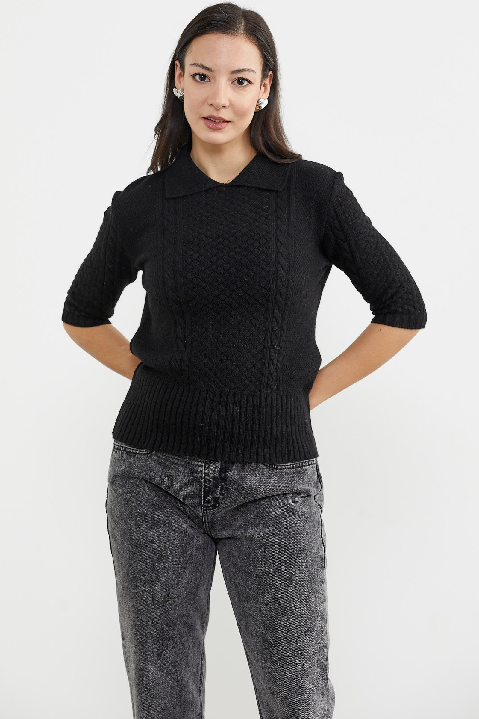 Yünlü Kısa Kol Yakalı Triko Kazak - Siyah (2) Sementa