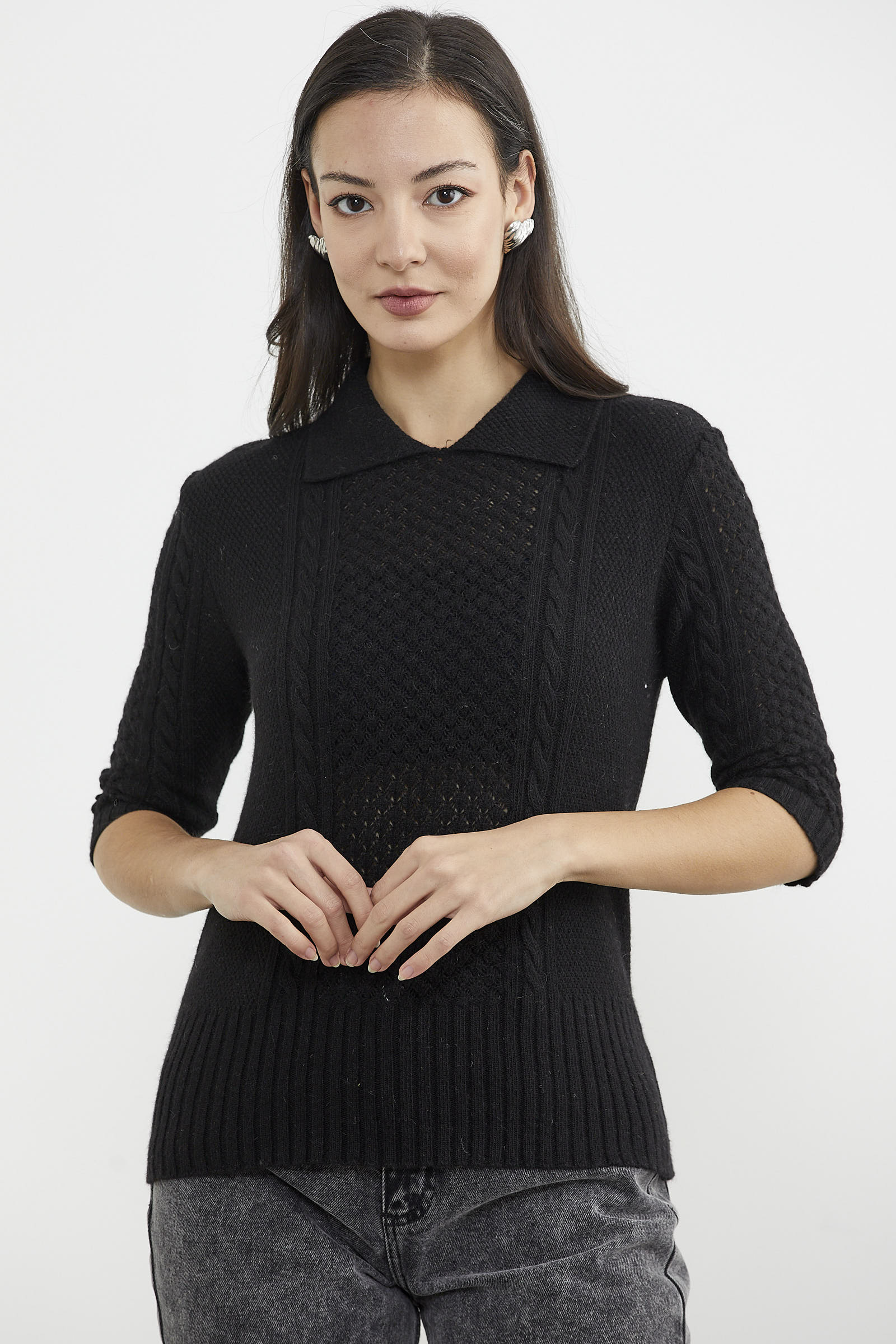 Yünlü Kısa Kol Yakalı Triko Kazak - Siyah (1) Sementa