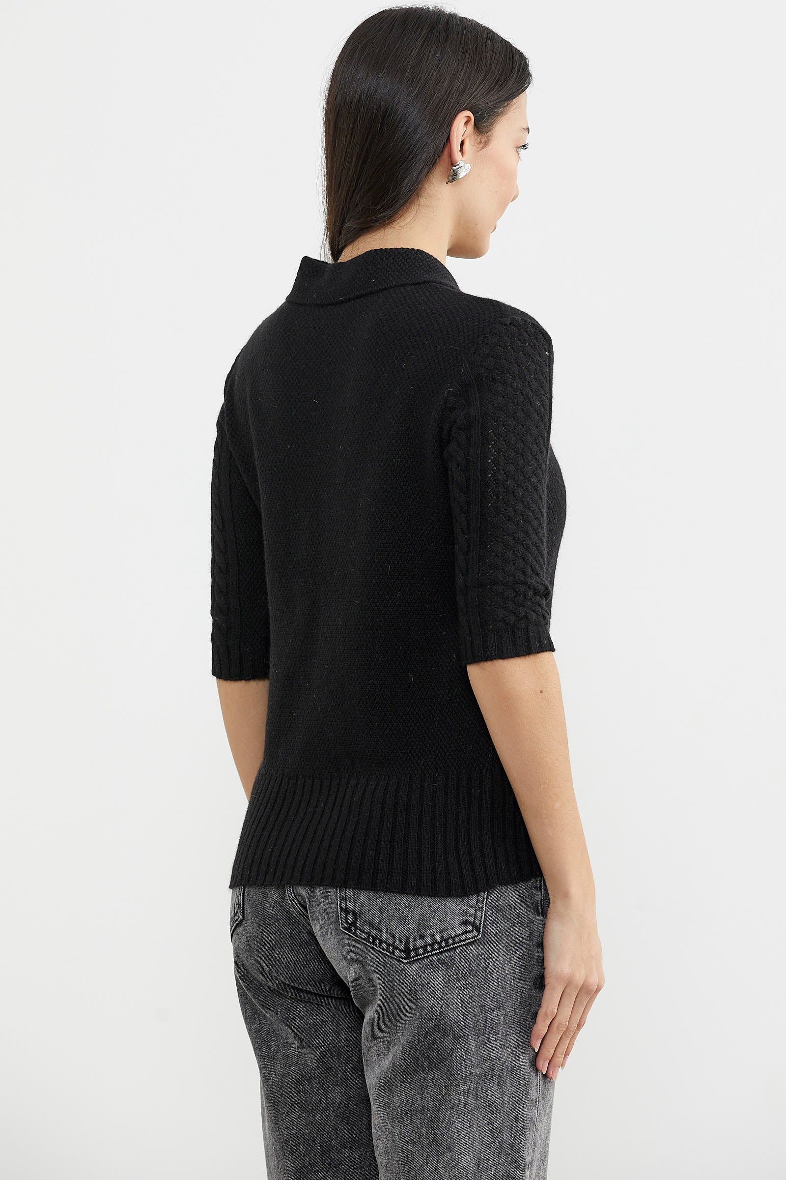 Yünlü Kısa Kol Yakalı Triko Kazak - Siyah (5) Sementa