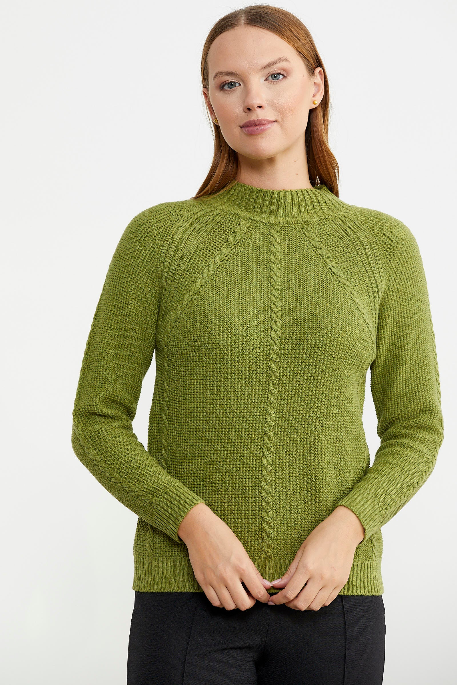 Yünlü Motif Detaylı Dik Yaka Triko Kazak - Yeşil - Sementa