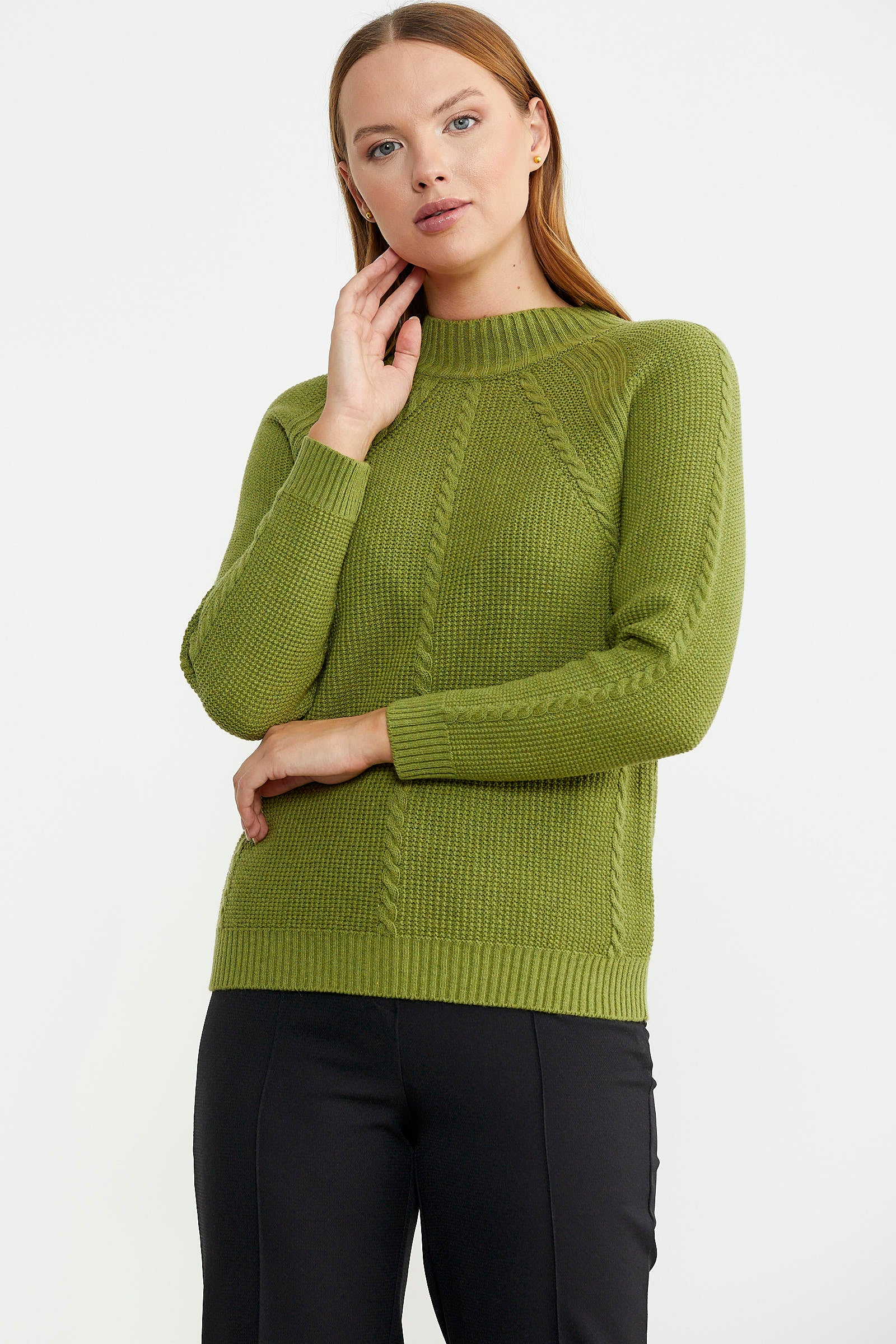 Yünlü Motif Detaylı Dik Yaka Triko Kazak - Yeşil - Sementa