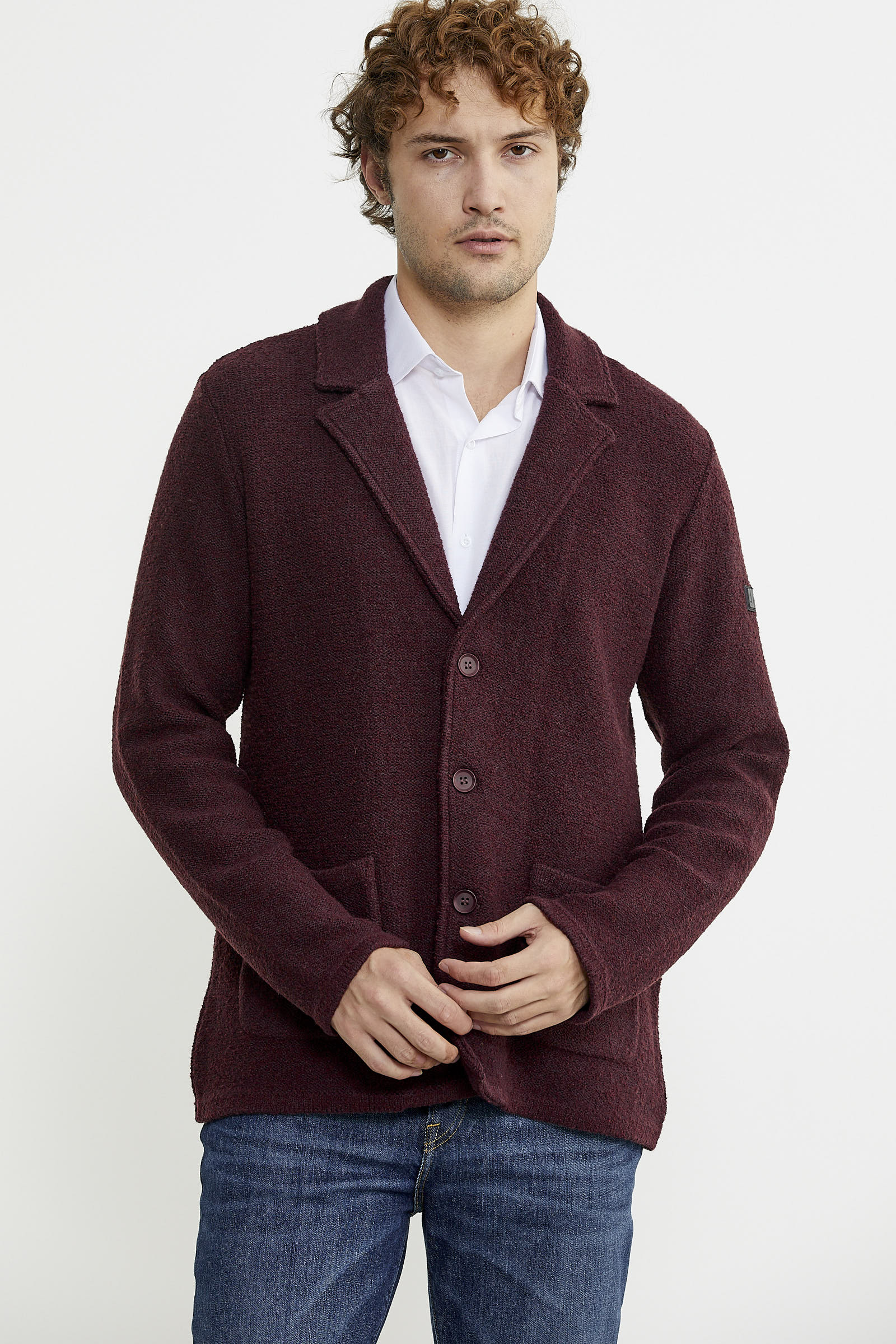 Yünlü Üç Düğme Triko Ceket - Bordo - Sementa