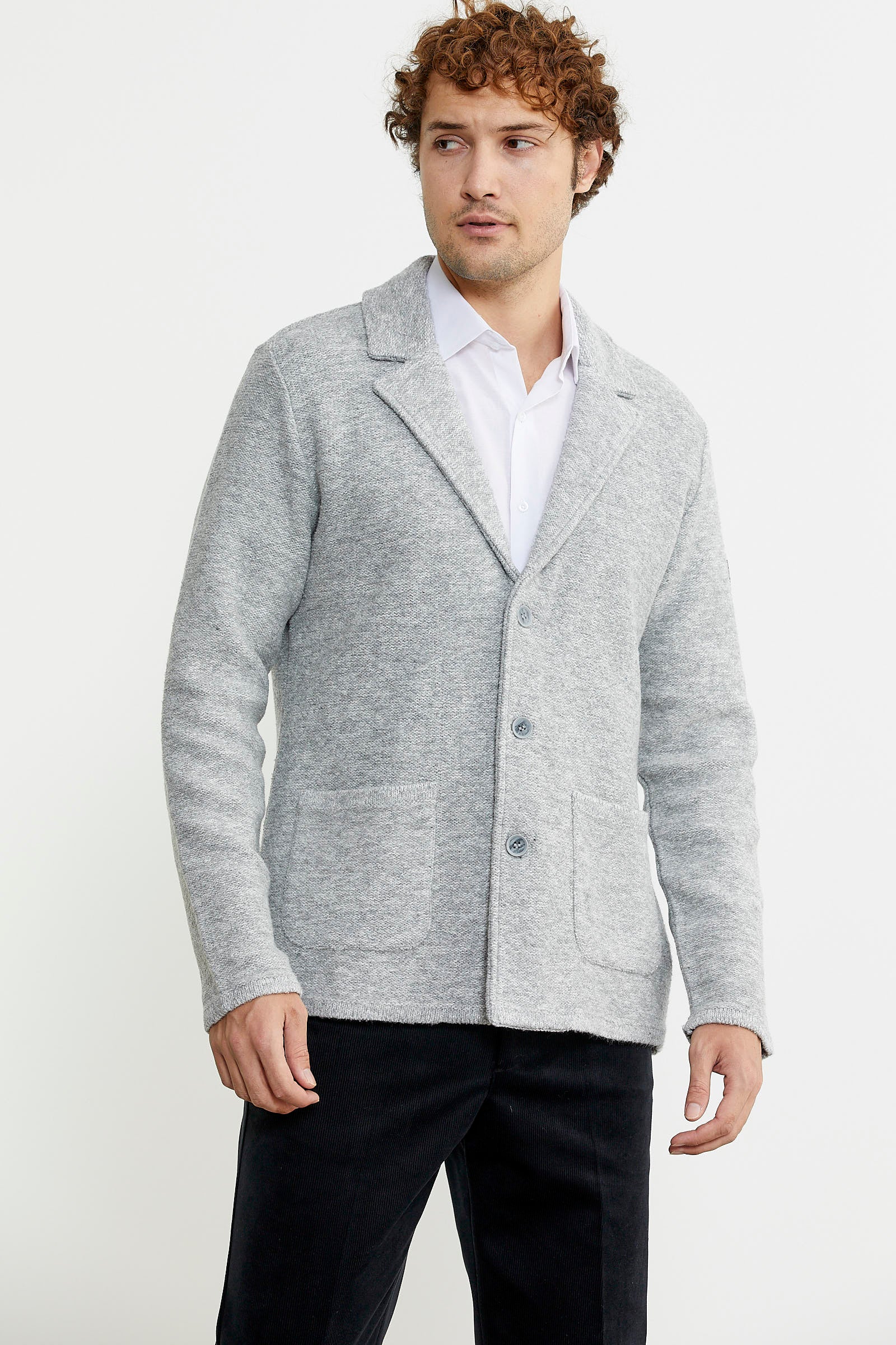 Yünlü Üç Düğme Triko Ceket - Gri - Sementa