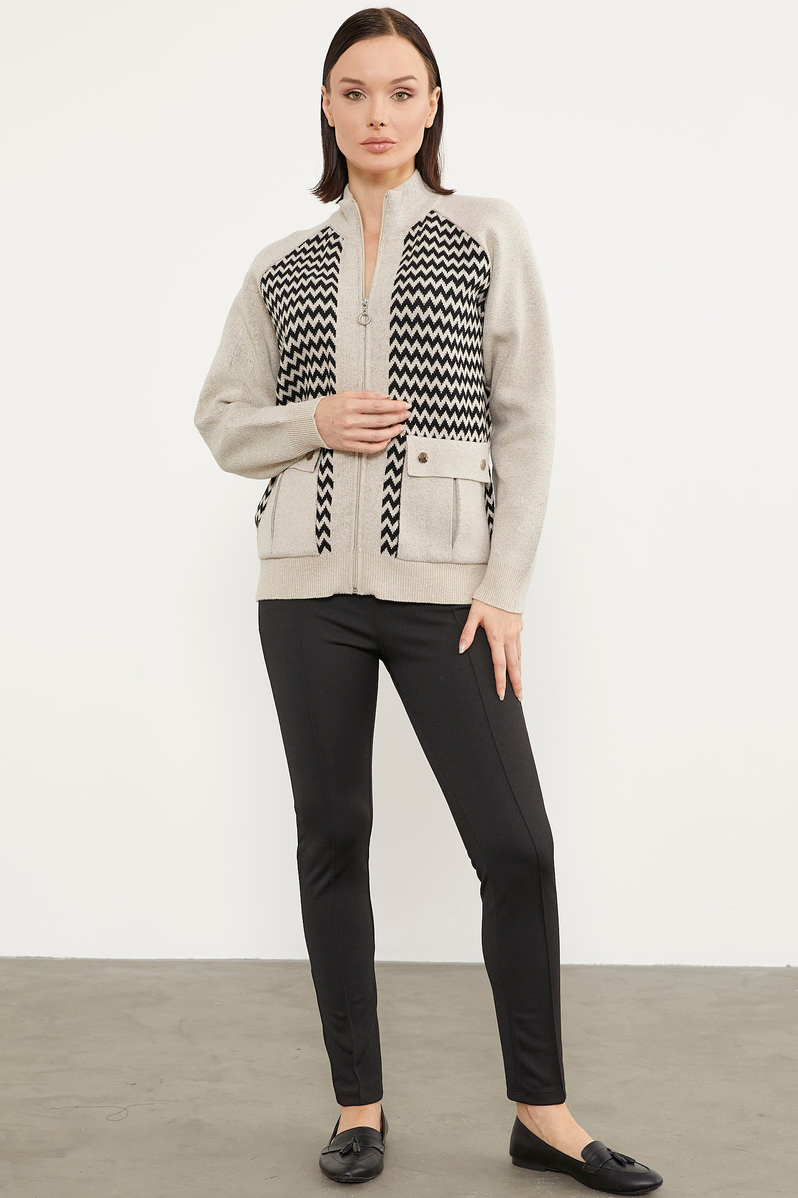 Zik Zak Desenli Çift Renk Triko Ceket - Bej (2) Sementa