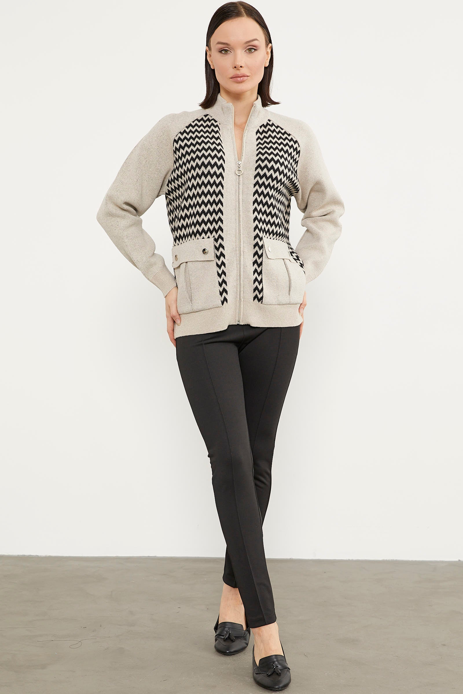 Zik Zak Desenli Çift Renk Triko Ceket - Bej (3) Sementa