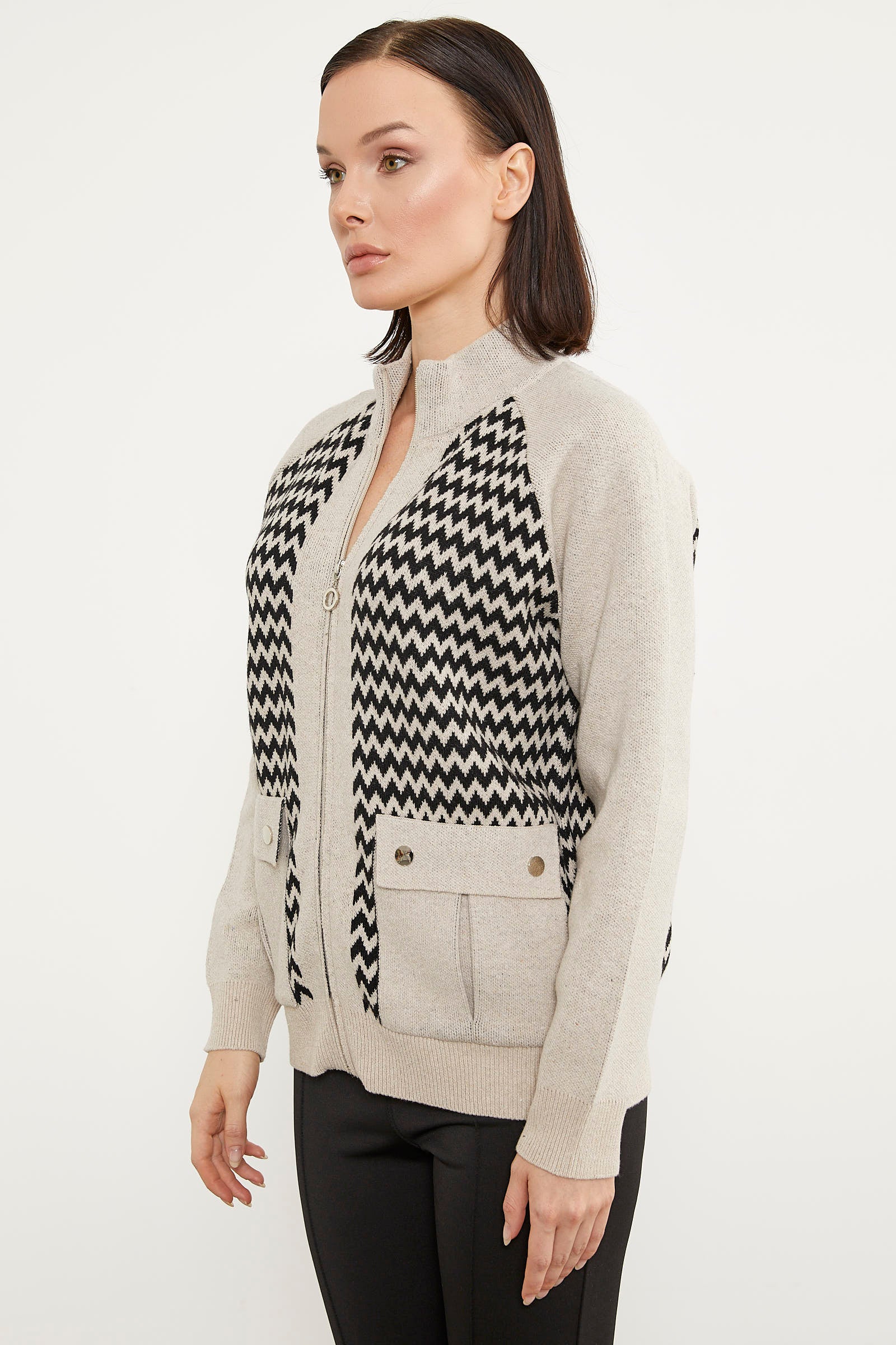 Zik Zak Desenli Çift Renk Triko Ceket - Bej (5) Sementa