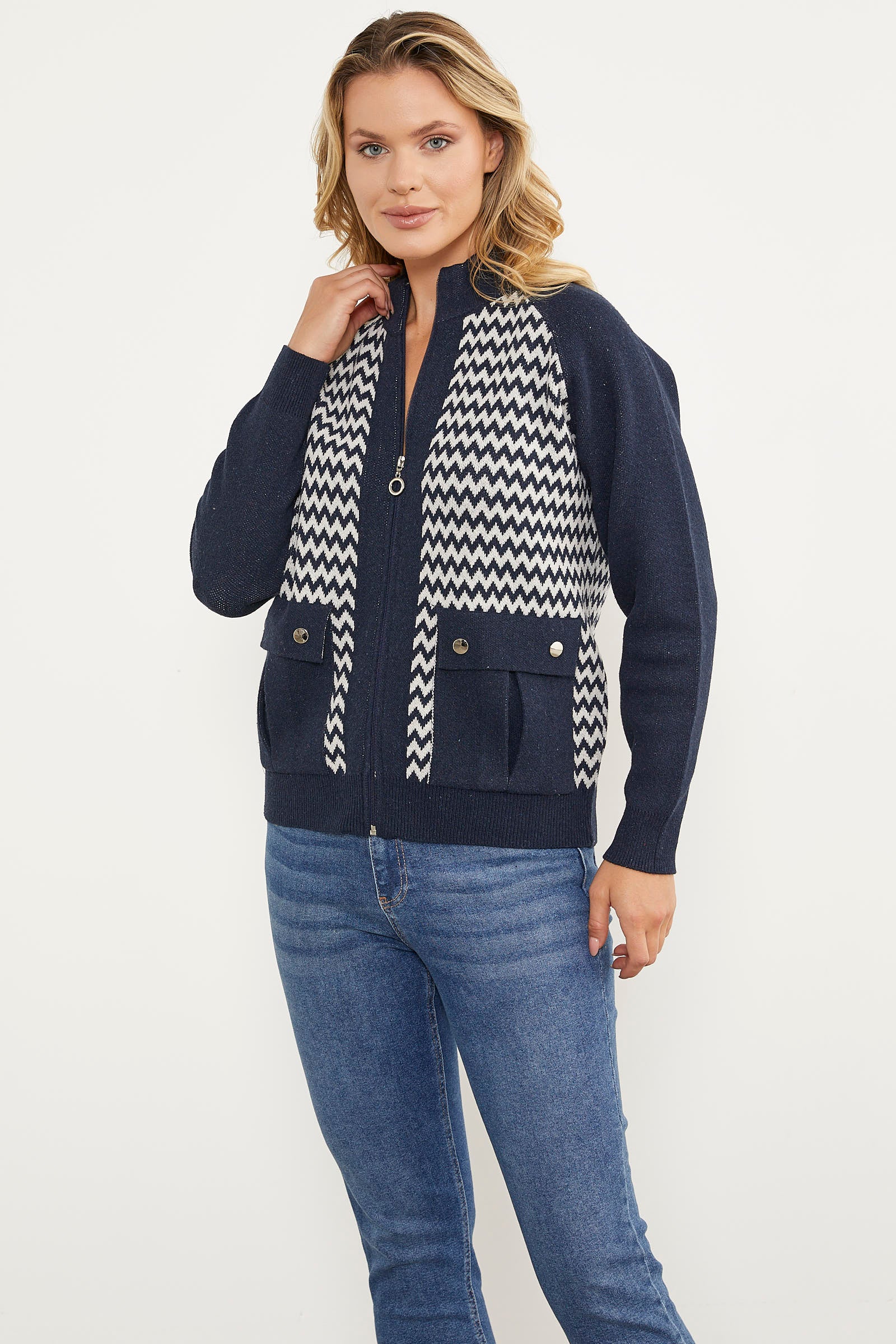 Zik Zak Desenli Çift Renk Triko Ceket - Lacivert (3) Sementa