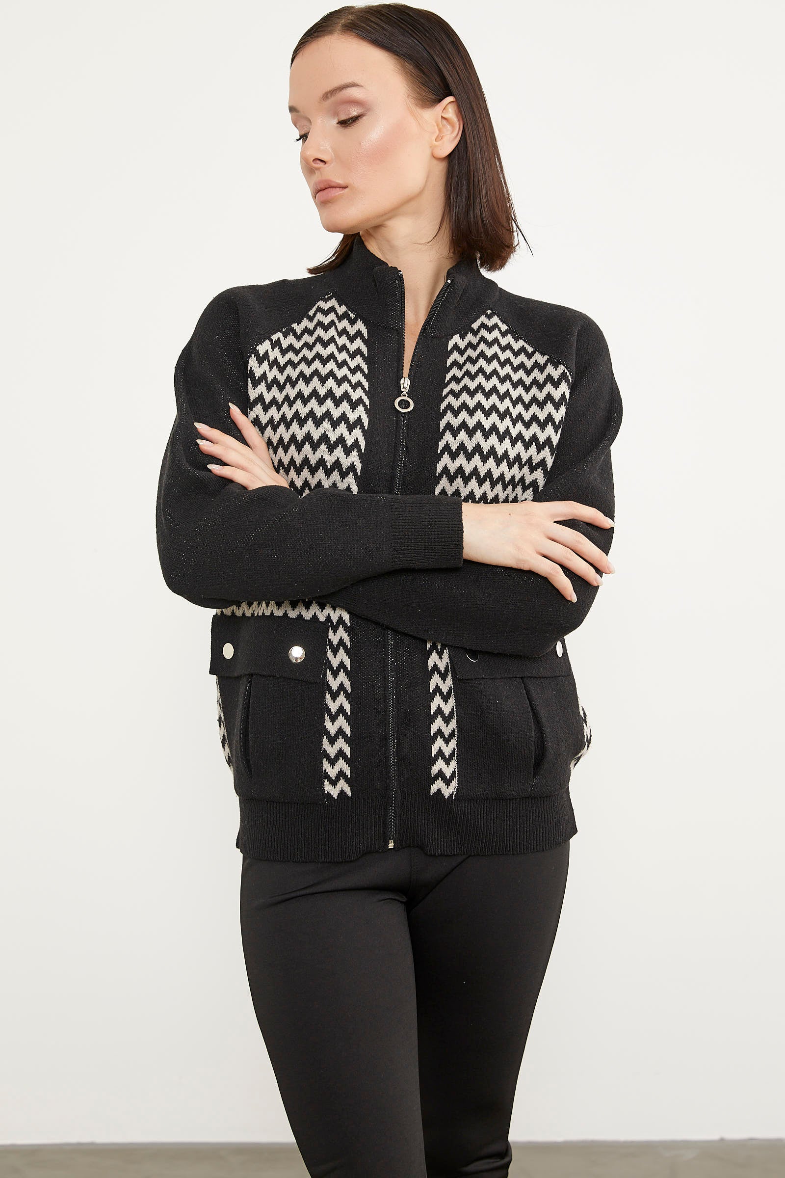 Zik Zak Desenli Çift Renk Triko Ceket - Siyah (2) Sementa