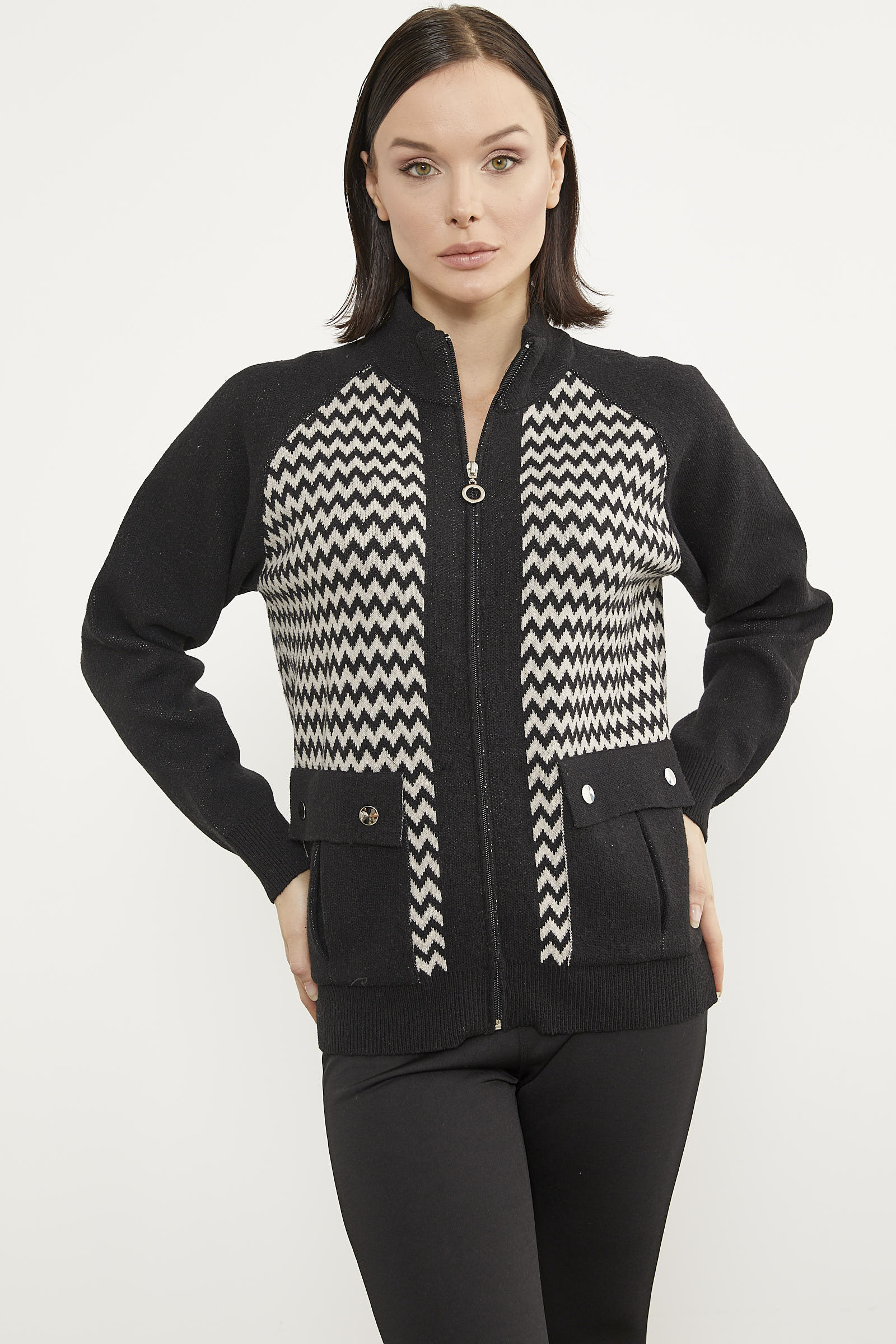 Zik Zak Desenli Çift Renk Triko Ceket - Siyah (3) Sementa