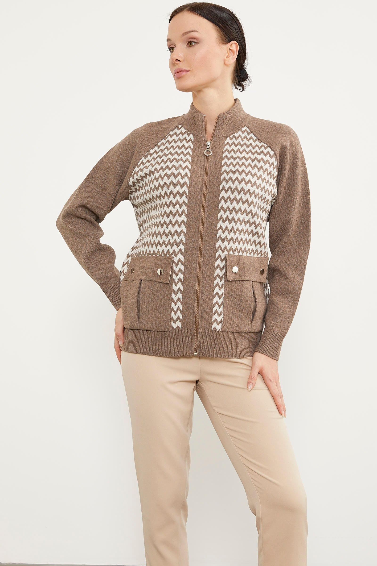 Zik Zak Desenli Çift Renk Triko Ceket - Sütlü Kahve (2) Sementa