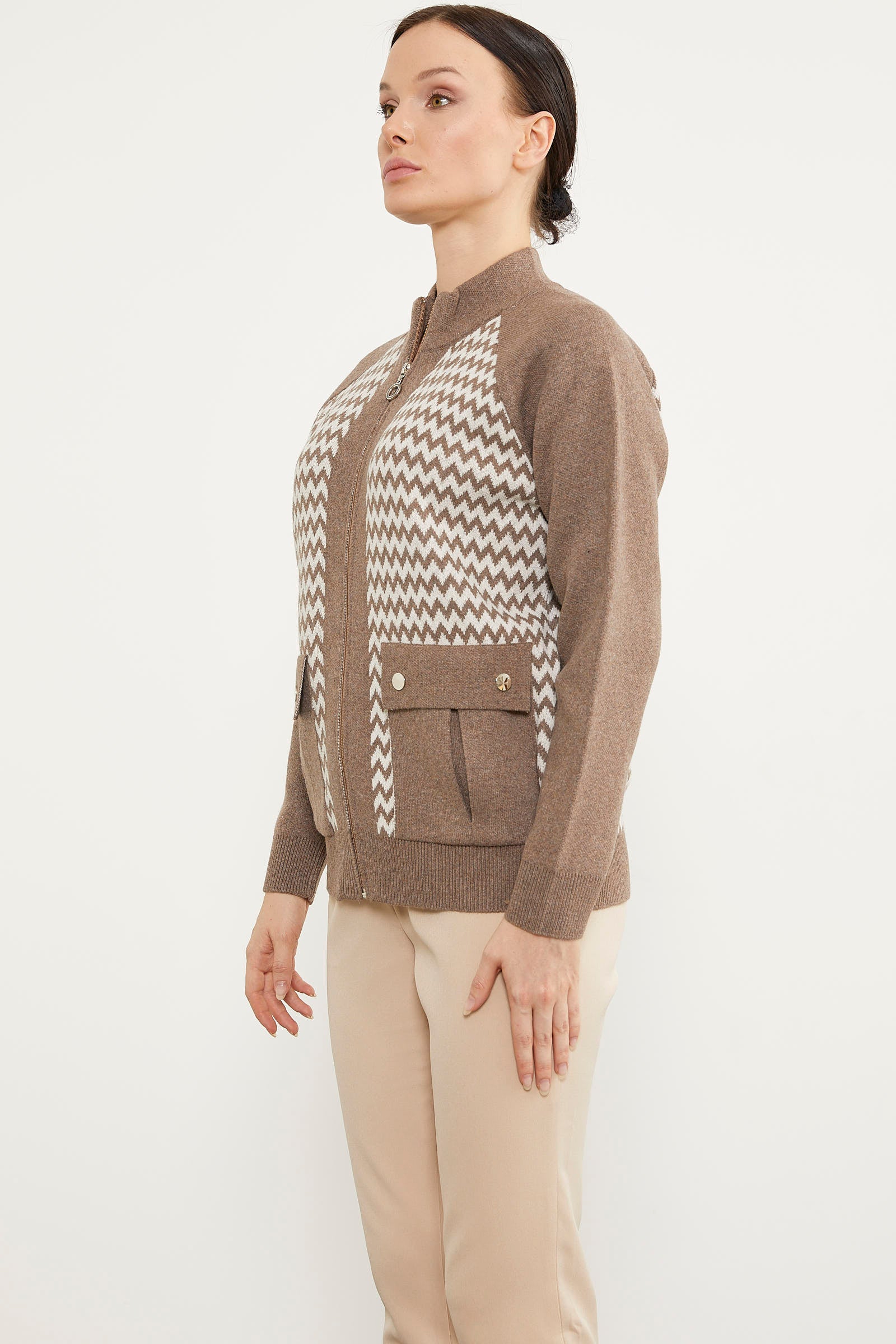 Zik Zak Desenli Çift Renk Triko Ceket - Sütlü Kahve (3) Sementa