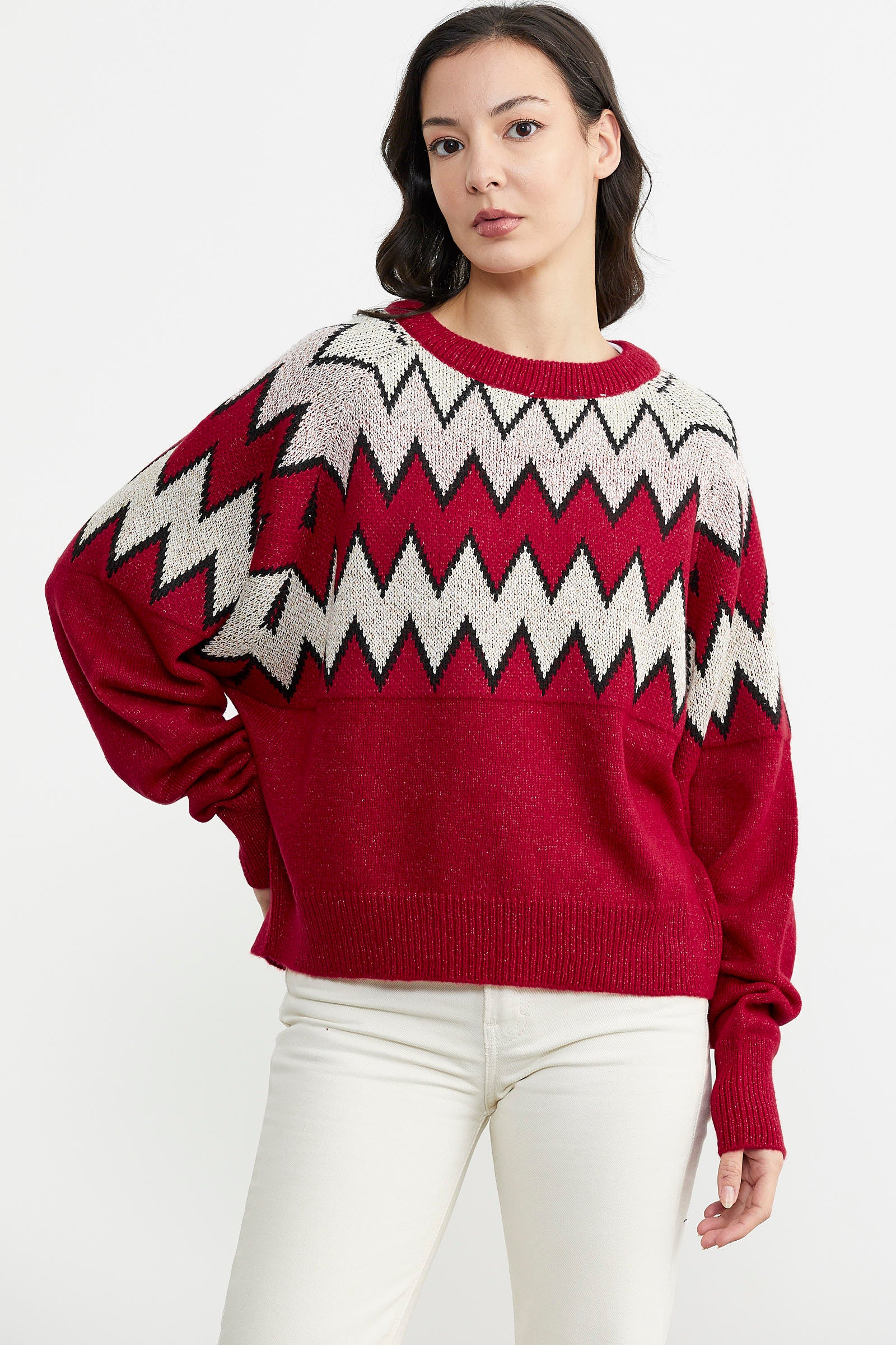 Zik Zak Desenli Kalın Triko Kazak - Kırmızı (2) Sementa