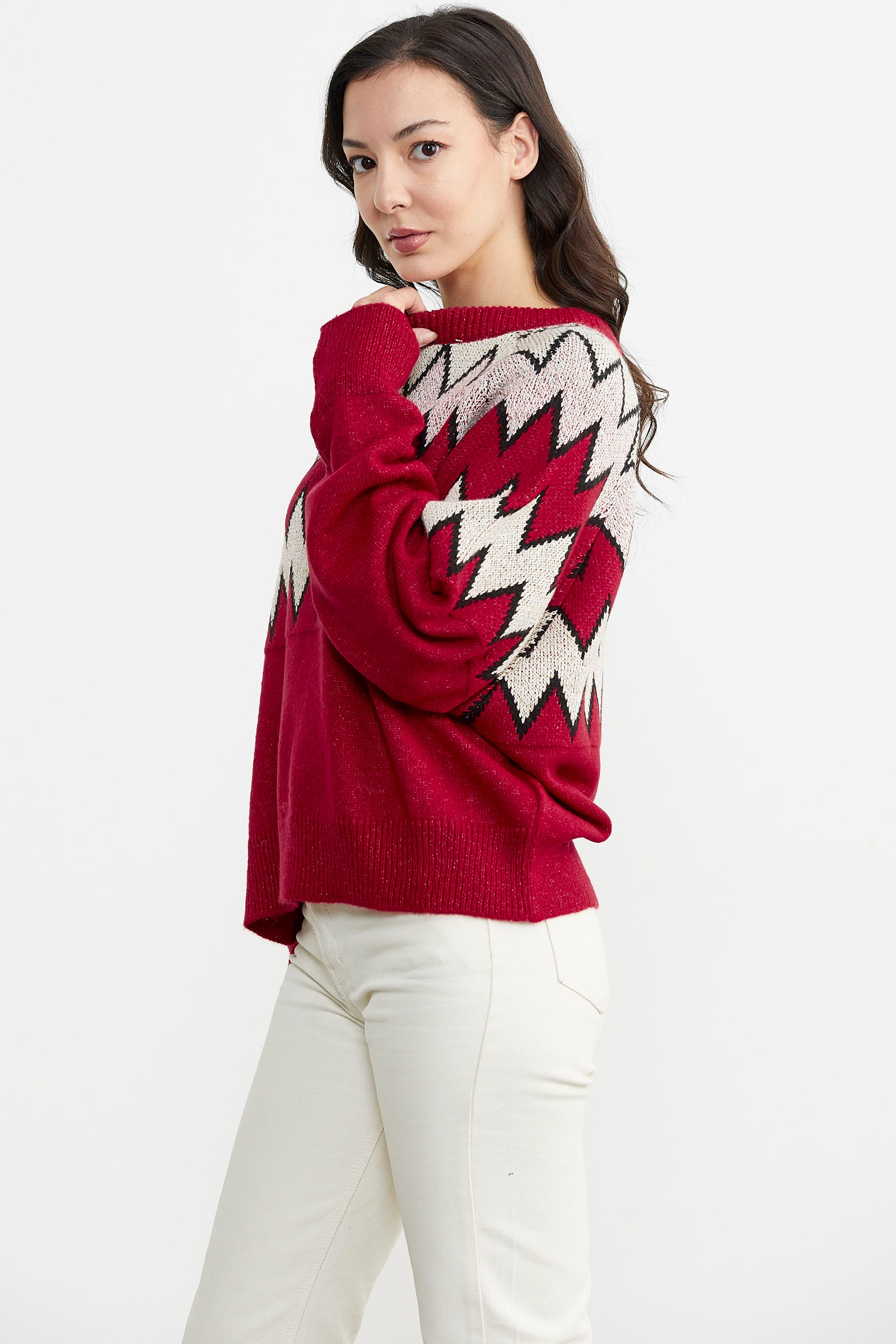 Zik Zak Desenli Kalın Triko Kazak - Kırmızı (3) Sementa