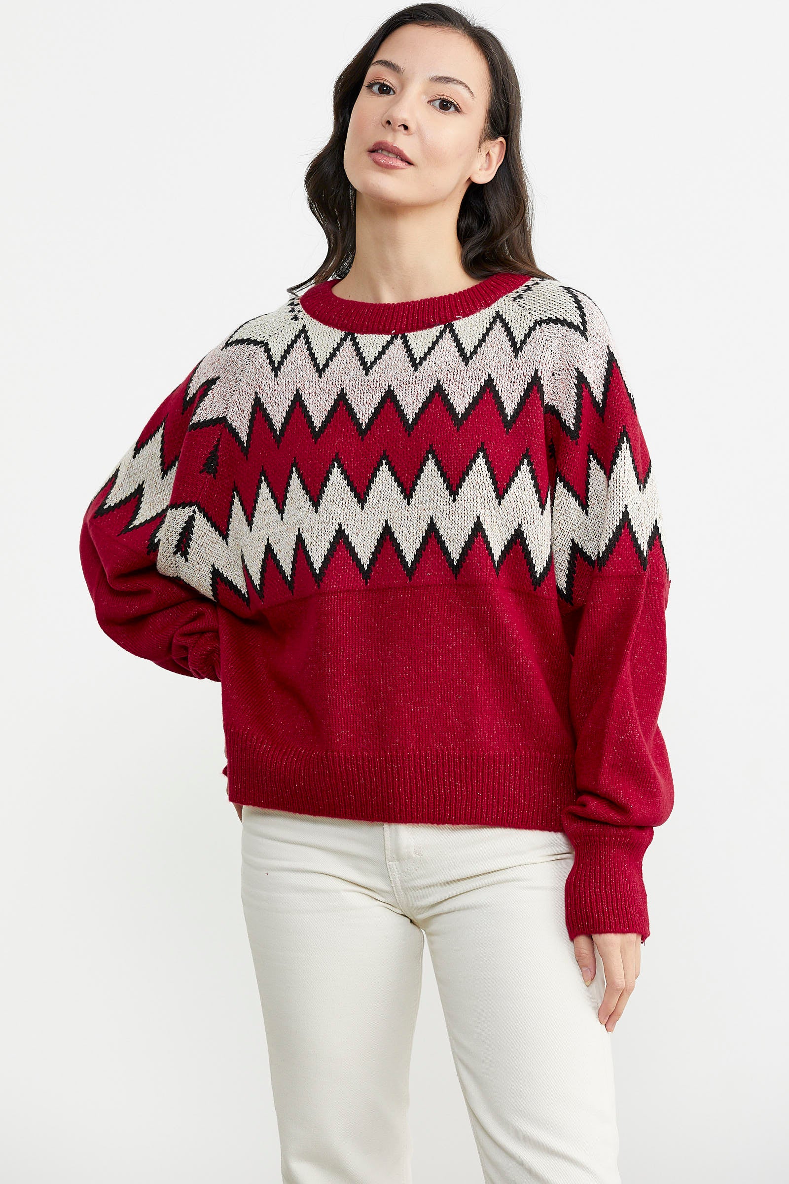 Zik Zak Desenli Kalın Triko Kazak - Kırmızı (4) Sementa