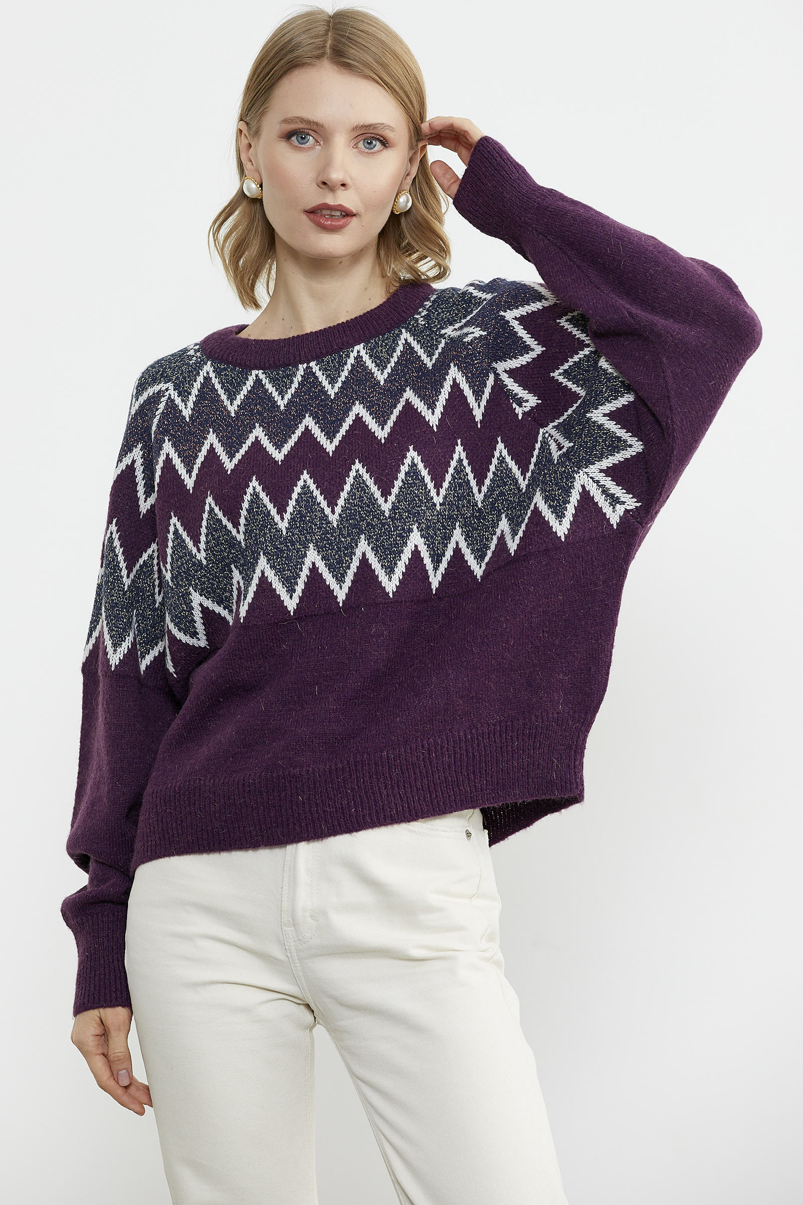 Zik Zak Desenli Kalın Triko Kazak - Mor (1) Sementa