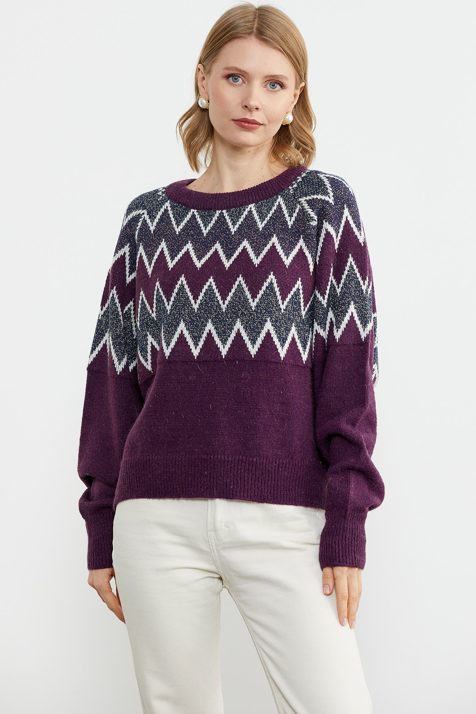 Zik Zak Desenli Kalın Triko Kazak - Mor (2) Sementa