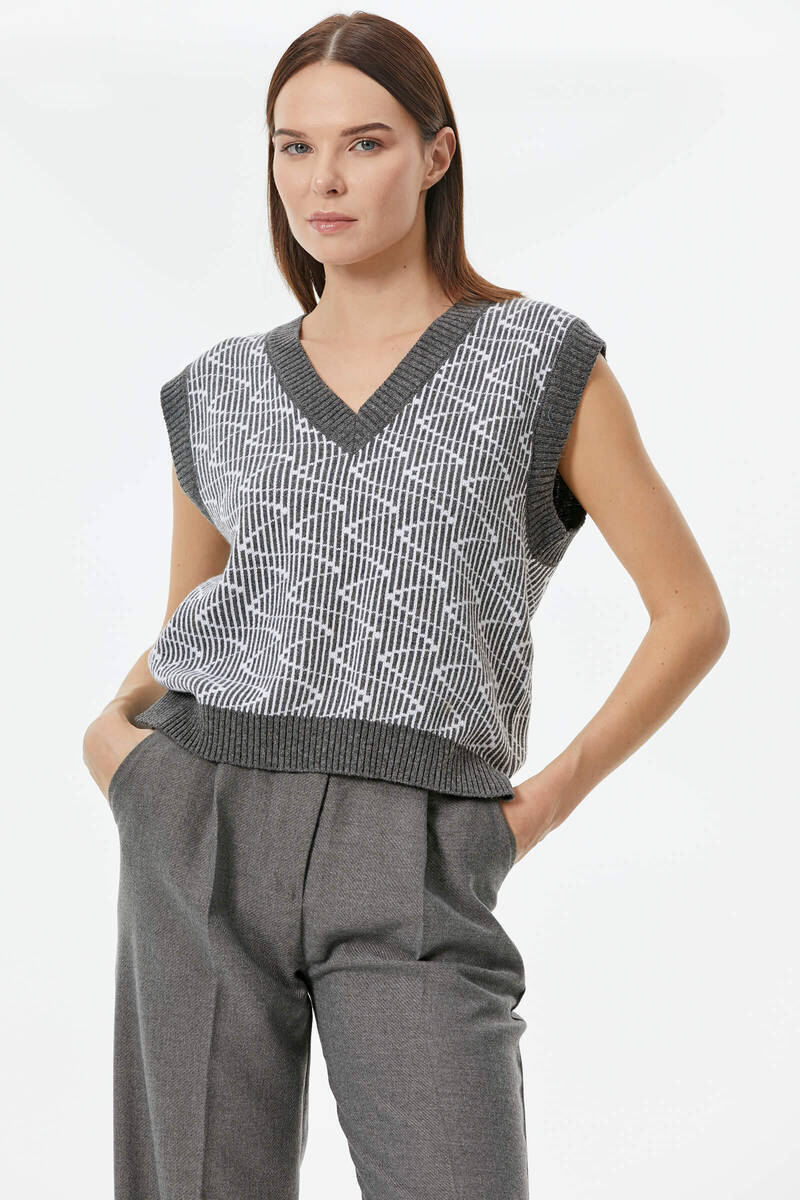 Zikzak Desenli Triko Süveter - Gri (3) Sementa