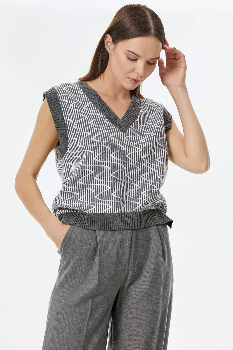 Zikzak Desenli Triko Süveter - Gri (4) Sementa