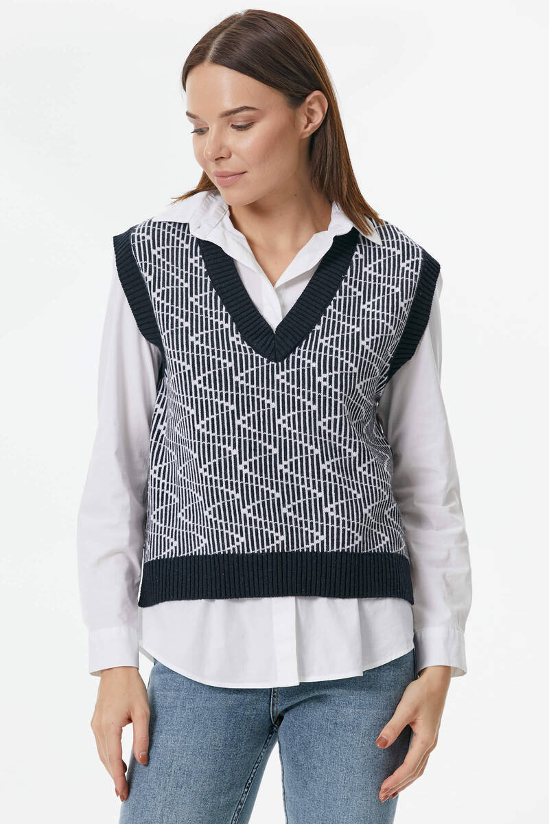 Zikzak Desenli Triko Süveter - Lacivert (4) Sementa