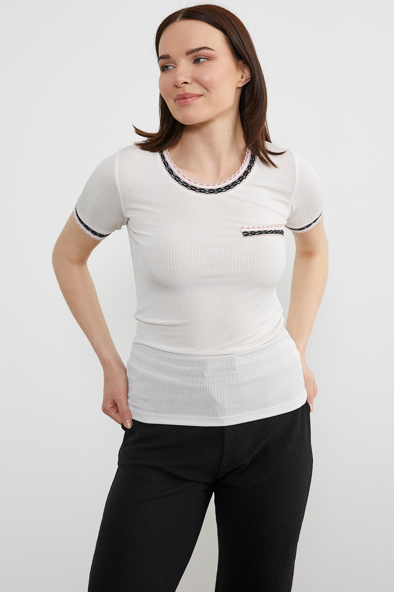 Zikzak Kombinli Kısa Kol Bluz - Ekru (4) Sementa