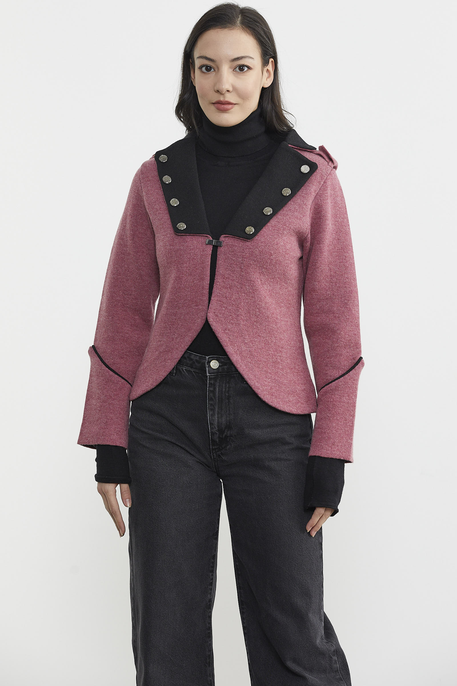 Zımba Detaylı Triko Ceket - Gül - Siyah (1) Sementa