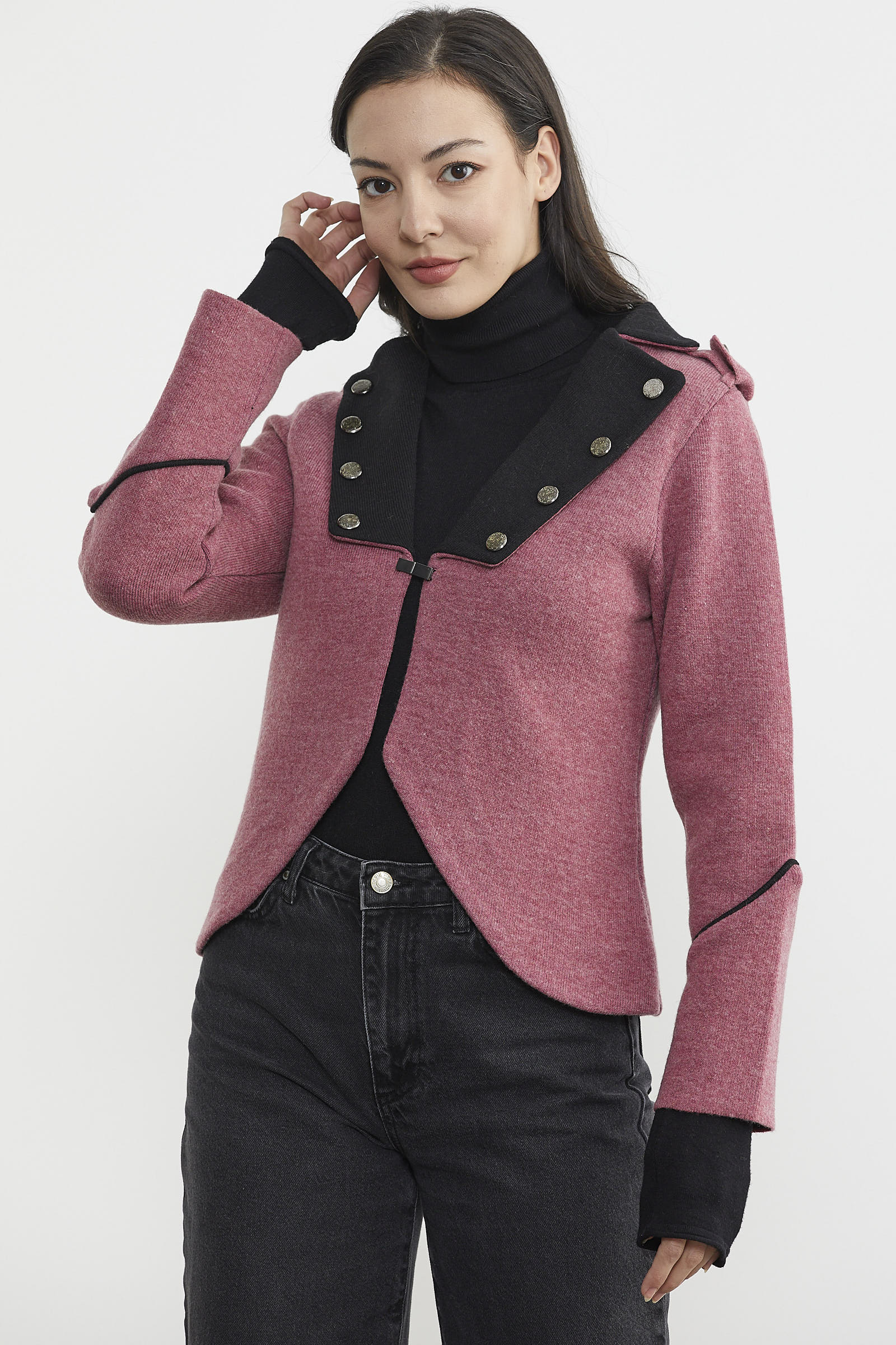 Zımba Detaylı Triko Ceket - Gül - Siyah (2) Sementa