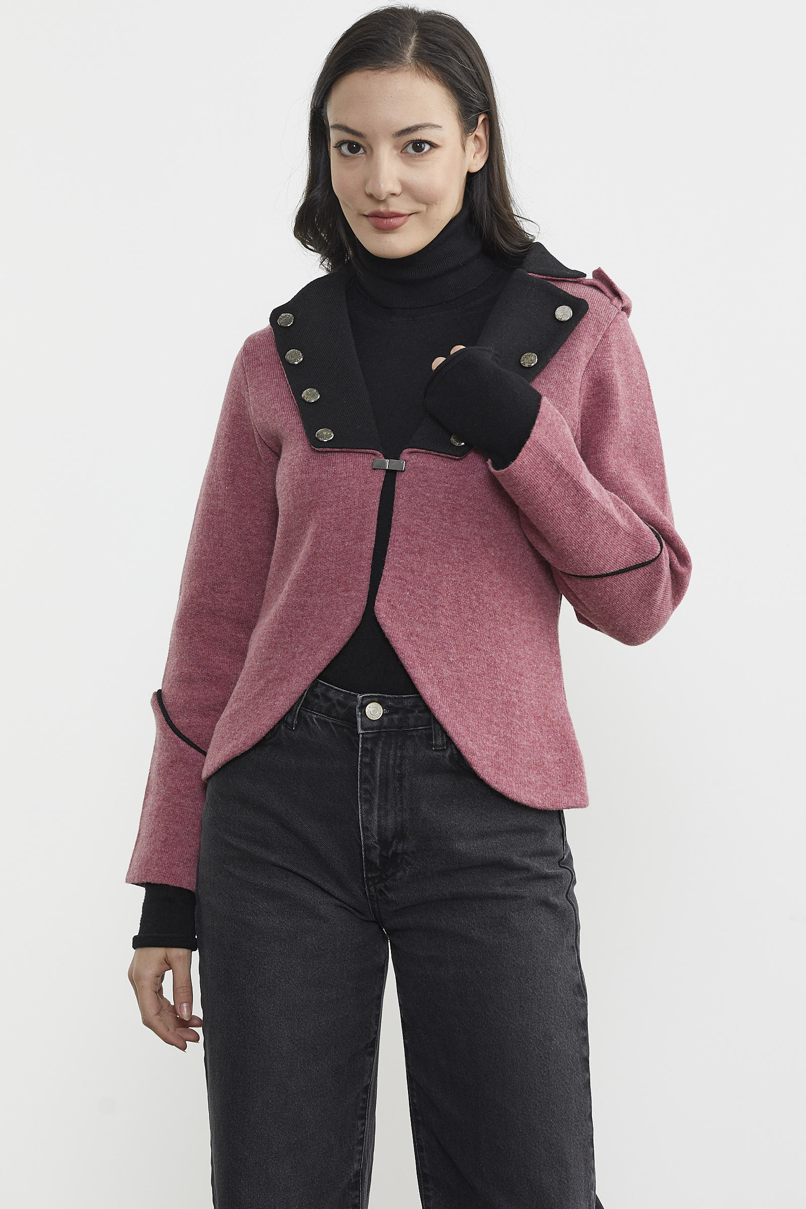 Zımba Detaylı Triko Ceket - Gül - Siyah (3) Sementa