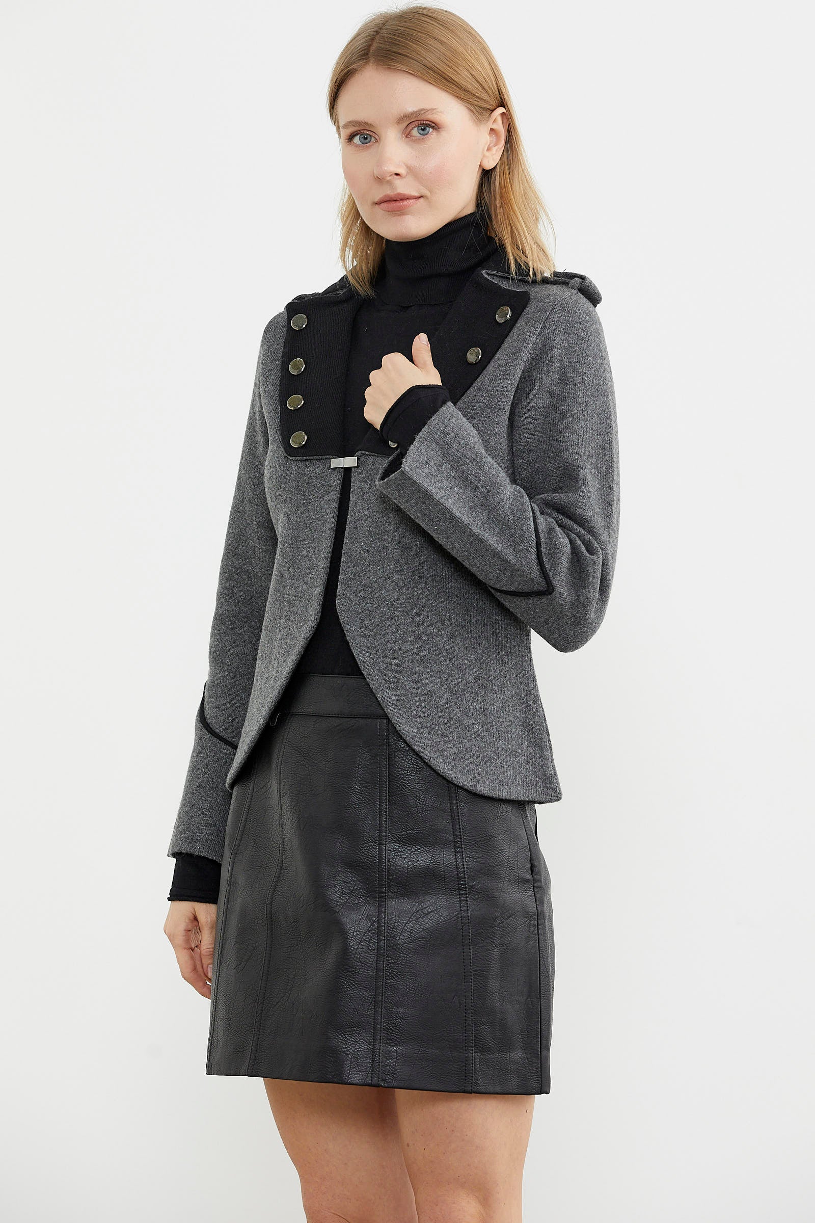 Zımba Detaylı Triko Ceket - Koyu Gri - Siyah (4) Sementa