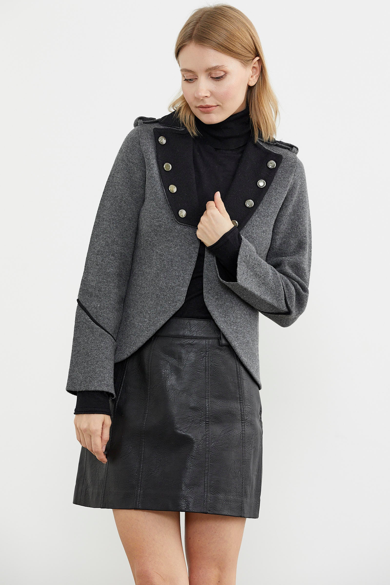 Zımba Detaylı Triko Ceket - Koyu Gri - Siyah (5) Sementa