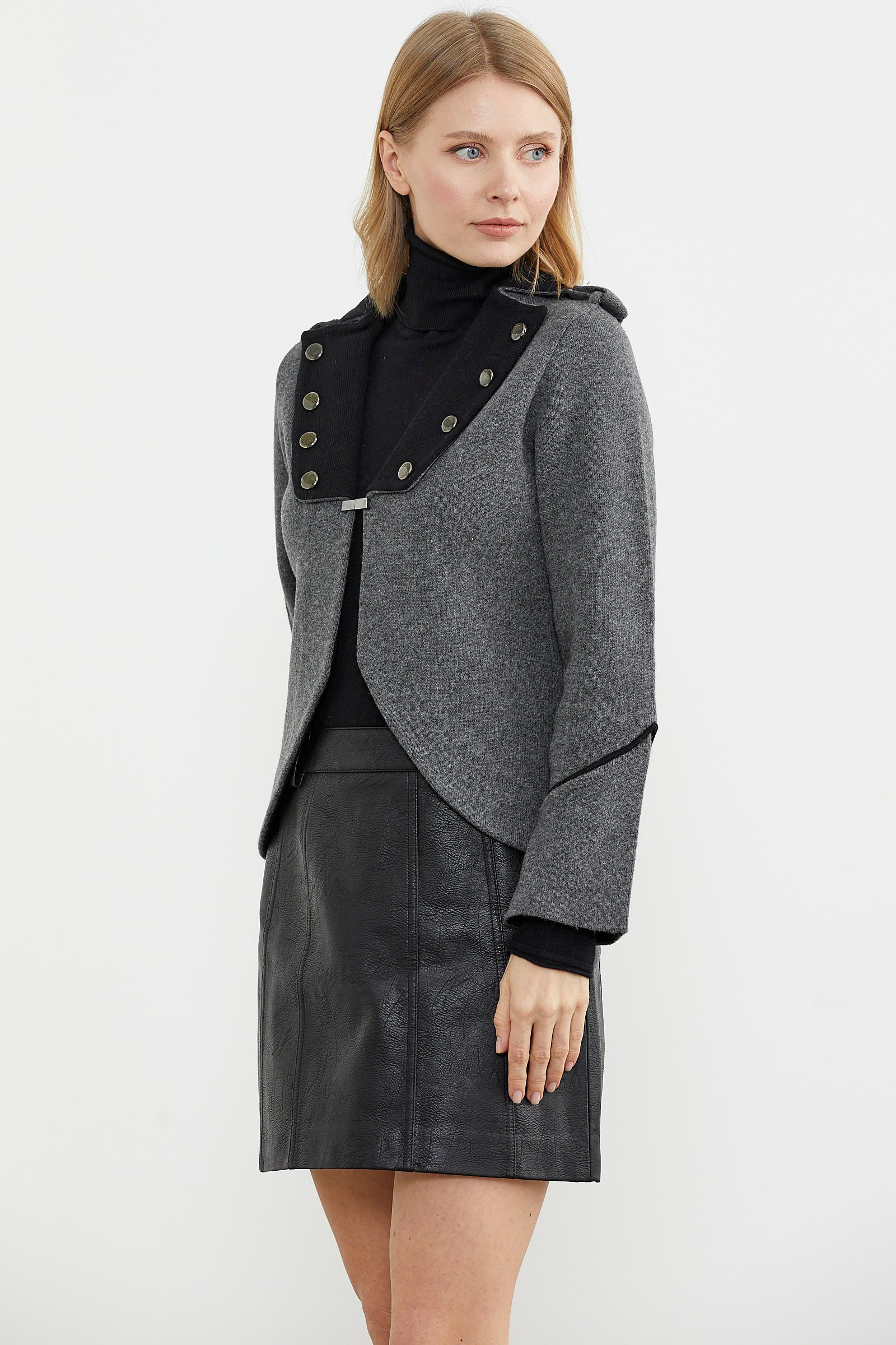 Zımba Detaylı Triko Ceket - Koyu Gri - Siyah (6) Sementa