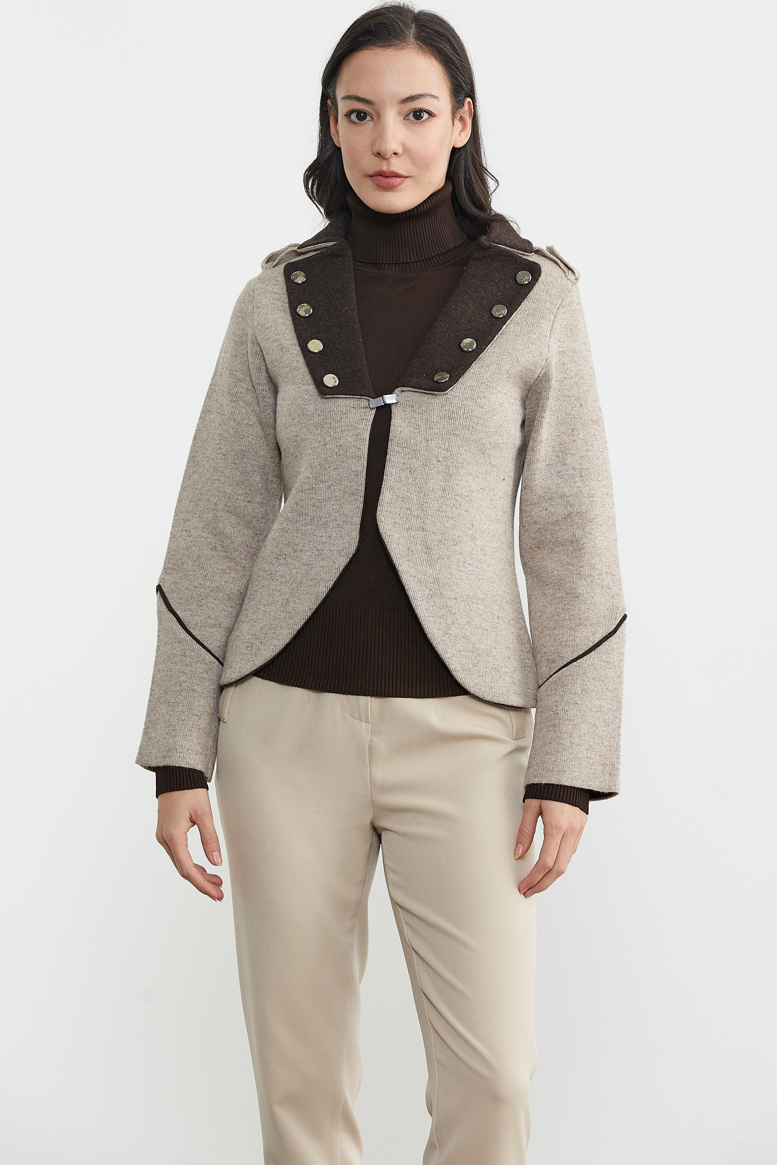 Zımba Detaylı Triko Ceket - Vizon - Kahverengi (2) Sementa