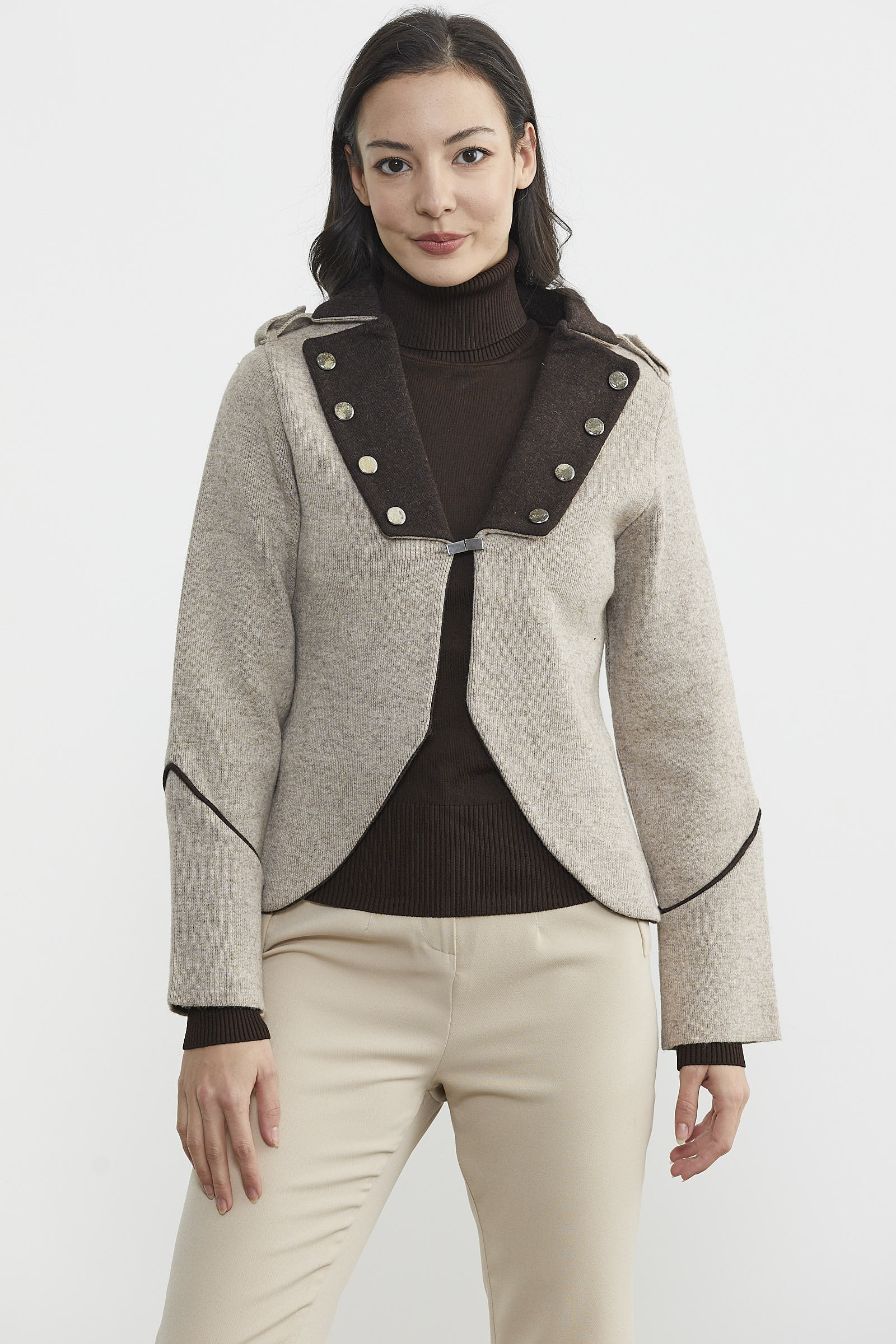 Zımba Detaylı Triko Ceket - Vizon - Kahverengi (1) Sementa