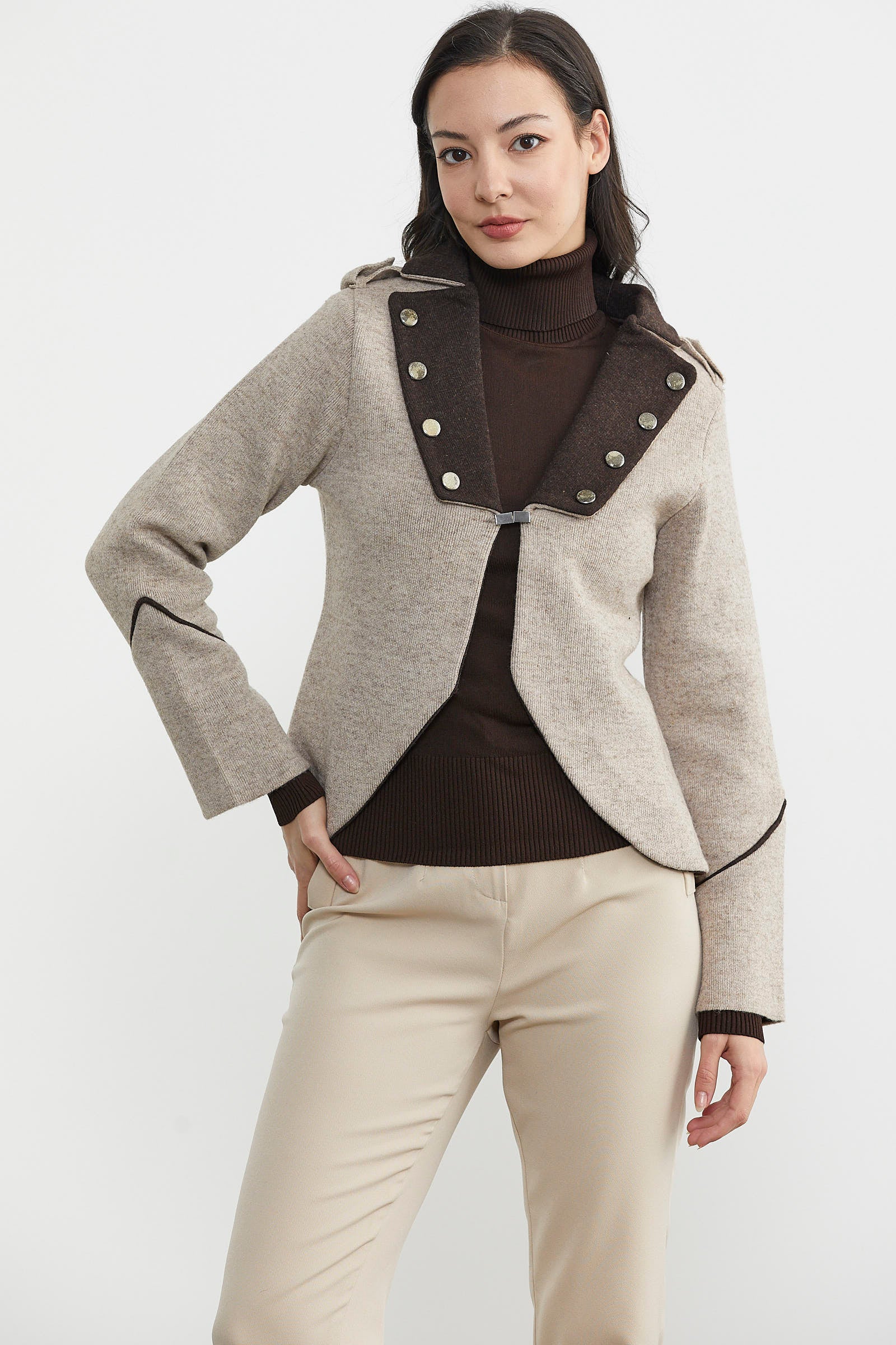 Zımba Detaylı Triko Ceket - Vizon - Kahverengi (4) Sementa