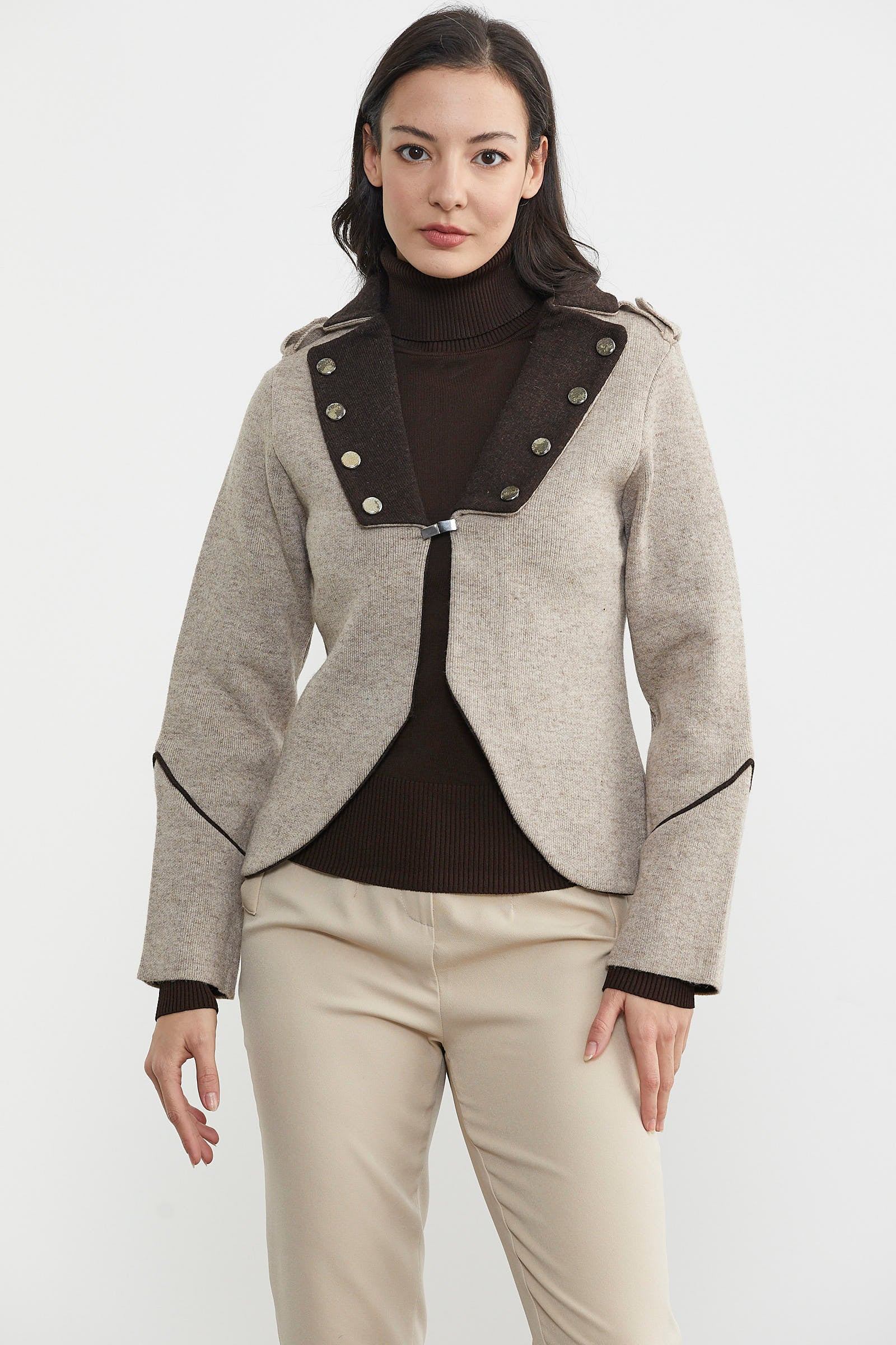 Zımba Detaylı Triko Ceket - Vizon - Kahverengi (3) Sementa