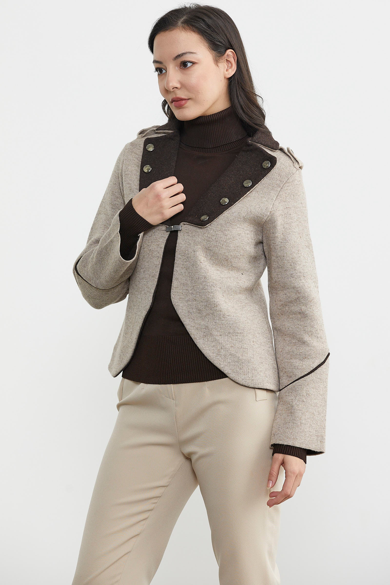 Zımba Detaylı Triko Ceket - Vizon - Kahverengi (5) Sementa