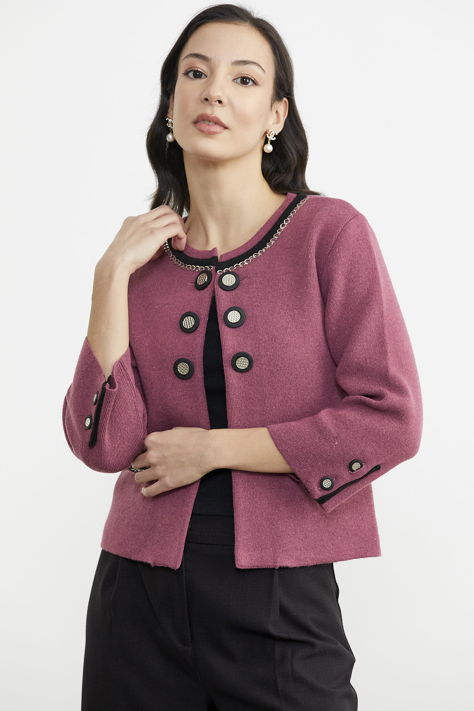 Zincir Detaylı Kalın Yünlü Triko Ceket - Gül - Siyah (3) Sementa