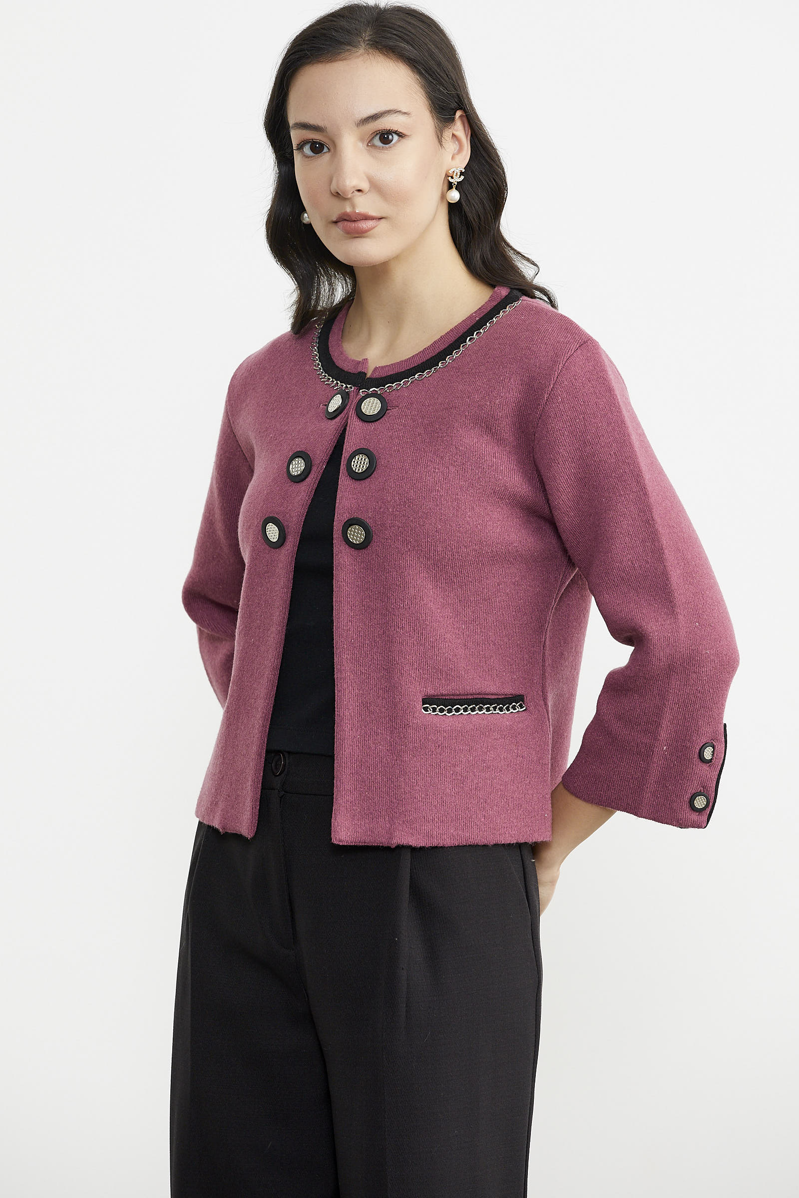 Zincir Detaylı Kalın Yünlü Triko Ceket - Gül - Siyah (4) Sementa