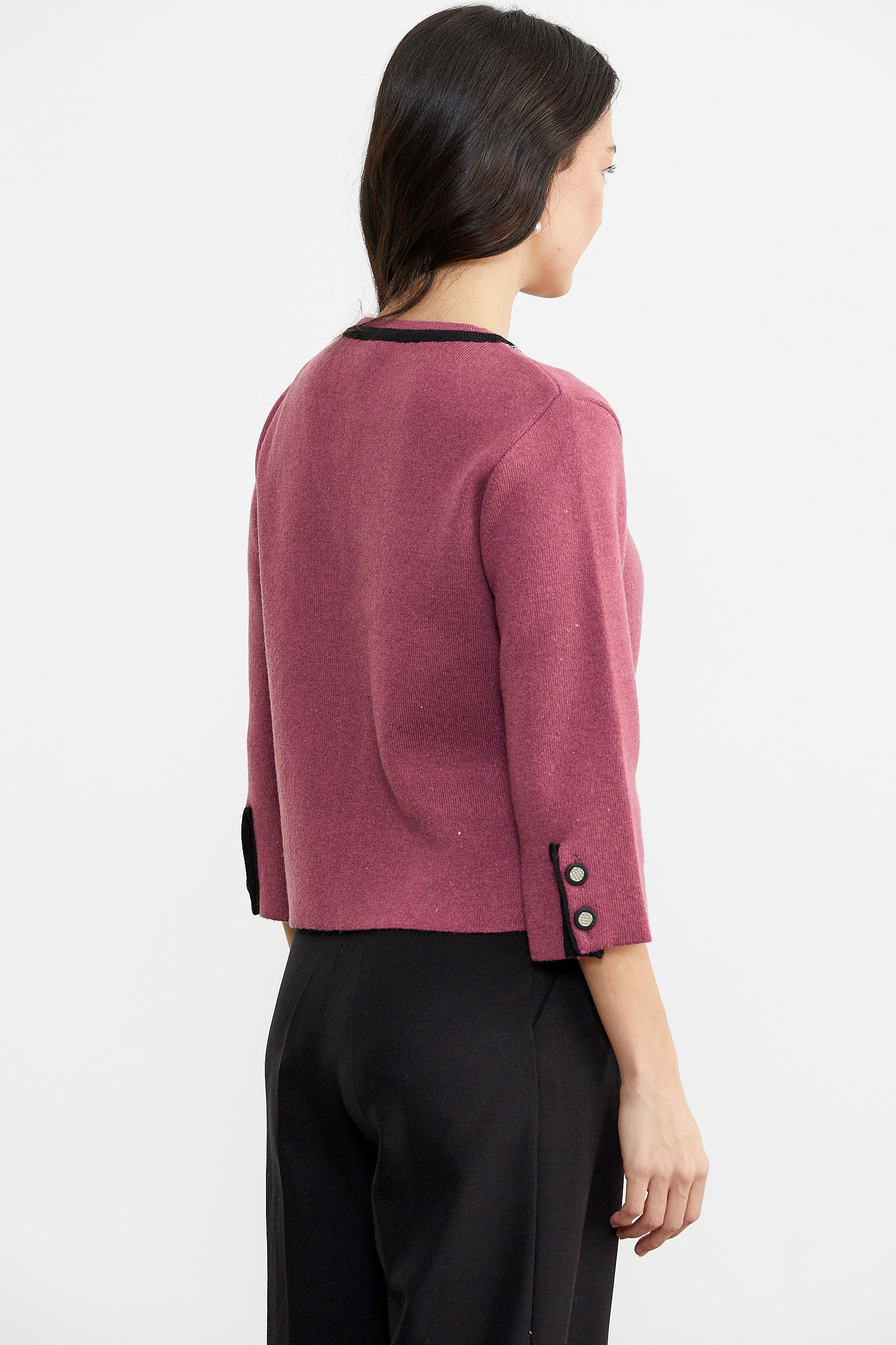 Zincir Detaylı Kalın Yünlü Triko Ceket - Gül - Siyah (5) Sementa